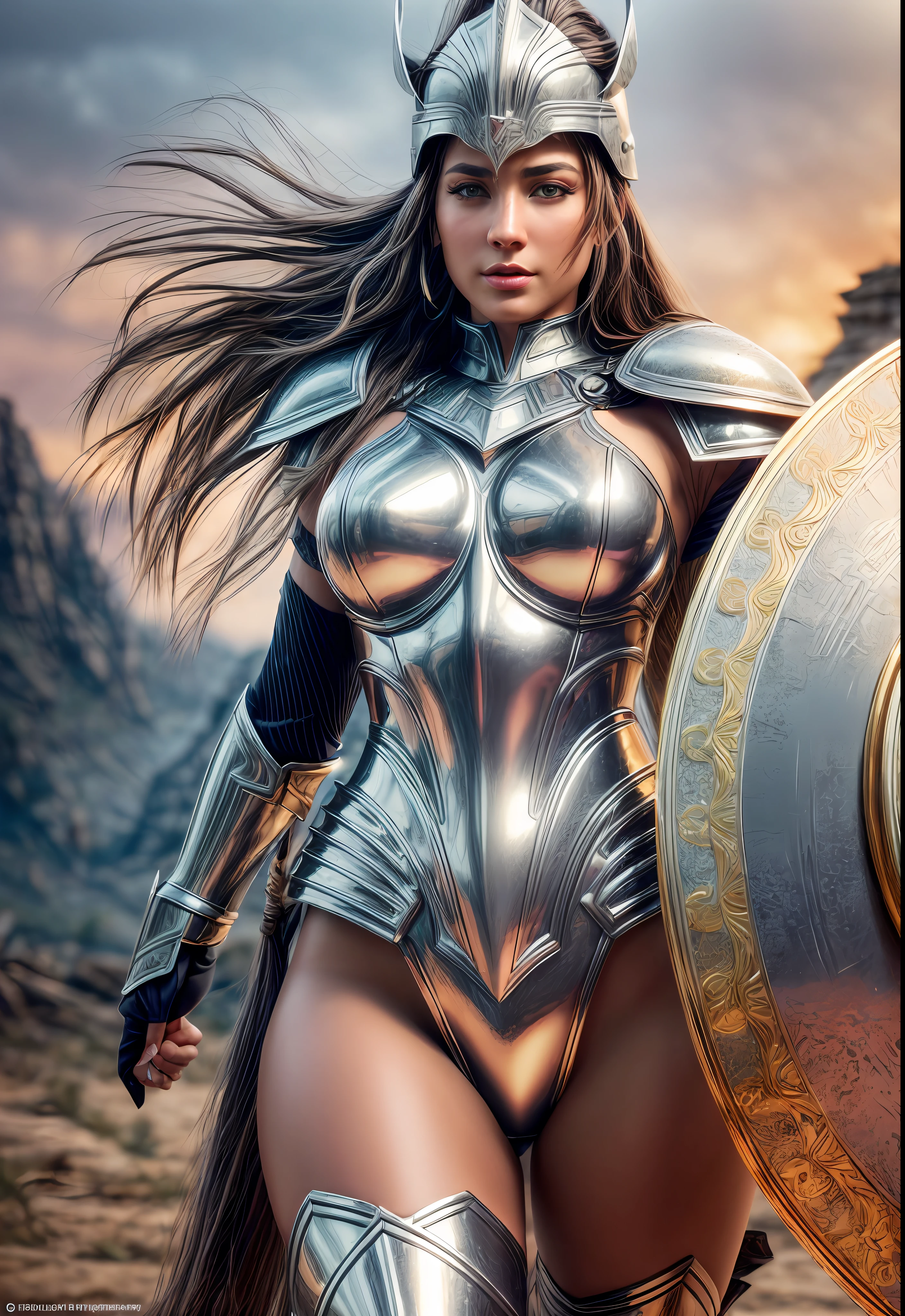 Female spartan warrior wearing intricate battle armored made out of Diamonds, (no bikini armor) armour pants, armour long sleeve top, with a spartan helmet, she's got one hand holding a beautiful extremely carved shield and she holds up her golden handle sword up in the air as she tells "charge!", dusty, shallow depth of field, cinematic light, soft light (RAW, analogue, Nikon Z 14mm ultra-wide angle lens, award-winning glamour photograph, ((best quality)), ((masterpiece)), ((realistic)), tessellation, ambient occlusion, ray-tracing, subsurface scattering, radiant light rays, high-res, detailed facial features, high detail, sharp focus, smooth, aesthetic, extremely detailed, (extremely detailed eyes, extremely detailed iris), extremely detailed hair, extremely detailed skin, extremely detailed clothes, octane render, photorealistic, realistic, post-processing, max detail, realistic shadows, roughness, natural skin texture, real life, ultra-realistic, photorealism, photography, 8k UHD, photography, hdr, intricate, elegant, highly detailed, sharp focus, stunning, beautiful, gorgeous), 8k, intricate, elegant, highly detailed, majestic, digital photography, (masterpiece, sidelighting, finely detailed beautiful eyes: 1.2), HDR, wide angle camera, full portrait, full body