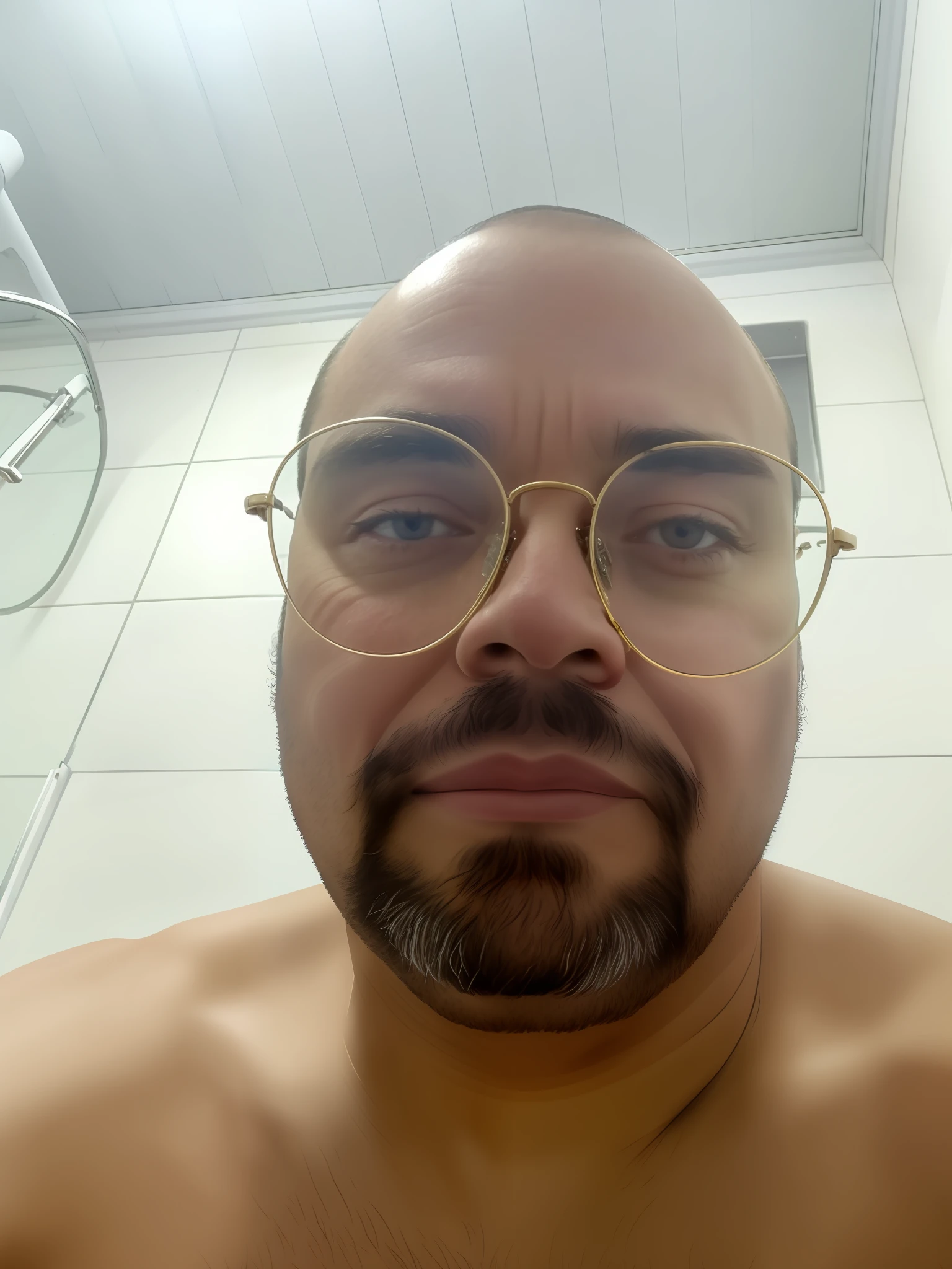 There is a man with glasses and a beard in a bathroom, Fotografia selfie 8k, with glasses and goatee, 3 6 anos, 38 anos, 3 2 anos, sem cabelo, completamente careca;, with nerdy glasses and goatee, (38 anos), restolho raspado, selfie de um homem, Homens de 45 anos