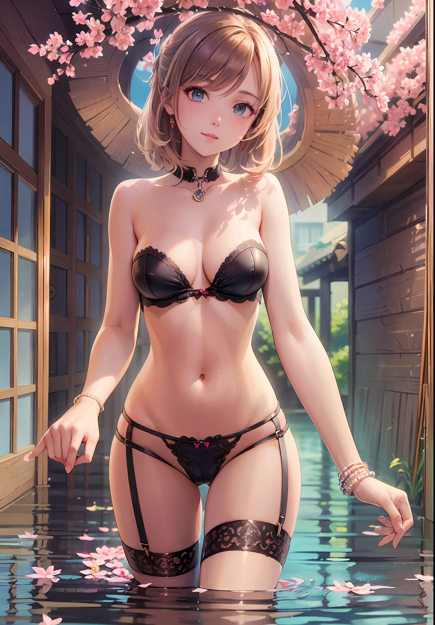 ((full shot)) perfect 10, masterpiece patterns in the form of sakura flowers walks along an alley with cherry blossoms where sakura petals lie on the ground, the girl has white skin)), skin pores, a smile on her face, flirts in front of the camera, are guessed through her panties, she has small elastic breasts, through the topic protruding swollen are visible, sexy fishnet stockings on the girl’s legs, elegant stilettos, high resolution, clear focus, trending artstation, epic realustic, official art, render sunlight, back light, outline around her contours, backlight on the front of her face, body in shadow, monocle photography style, soft focus, romantic mood, photo resolution 100 megapixels, high detail image details, depth of field, bokeh, beautiful sun glare and lens flare --auto --s2