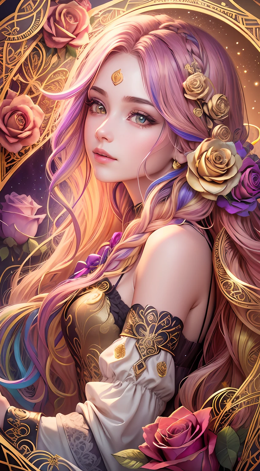 Gold engraving, zentangle,3D rendering,with rainbow colored background, Spring,(Beauty side face,Long colored hair:1.3),(roses:1.2), Colorful, Best quality, Detailed details, Masterpiece, offcial art, Cinematic lighting effects, 4K,