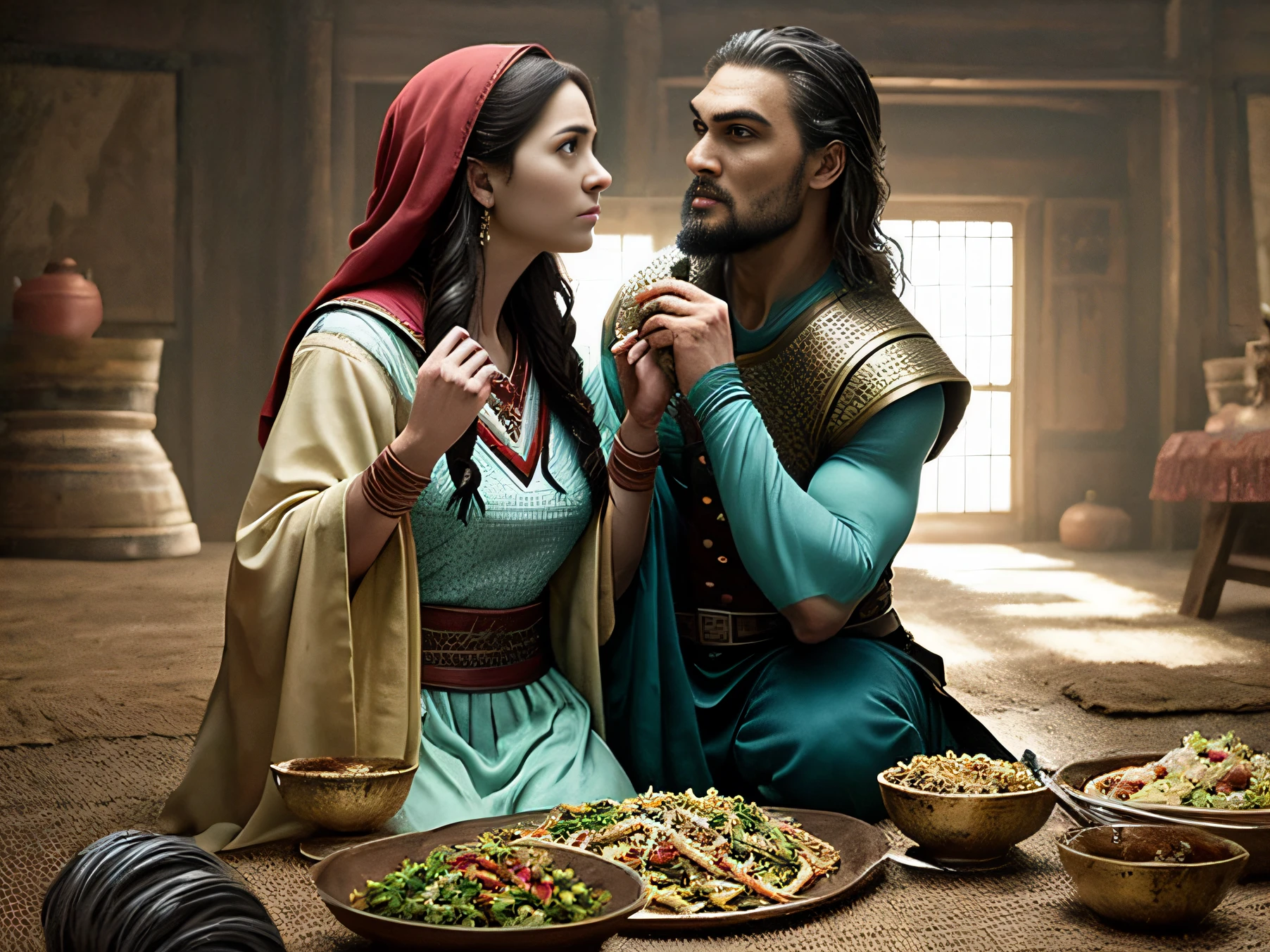 they're sitting on the floor eating food together, Uma jovem mulher como Genghis Khan, ainda de um filme de fantasia, ainda do filme, promocional ainda, filme ainda dnd, filme ainda do filme, jason momoa as assyrian, an epic fantasy, ainda filmado do filme, filme promocional ainda, slide show, film still image