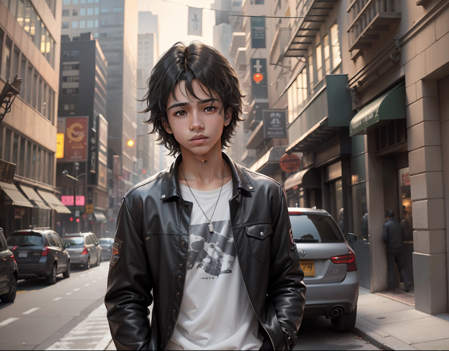 male 15 years old male mestizo cabello liso hasta el cuello , dark skin , cabello liso color gris, camina perdido por la ciudad de new york, mira las avenidas y los edificios , diferentes angulos