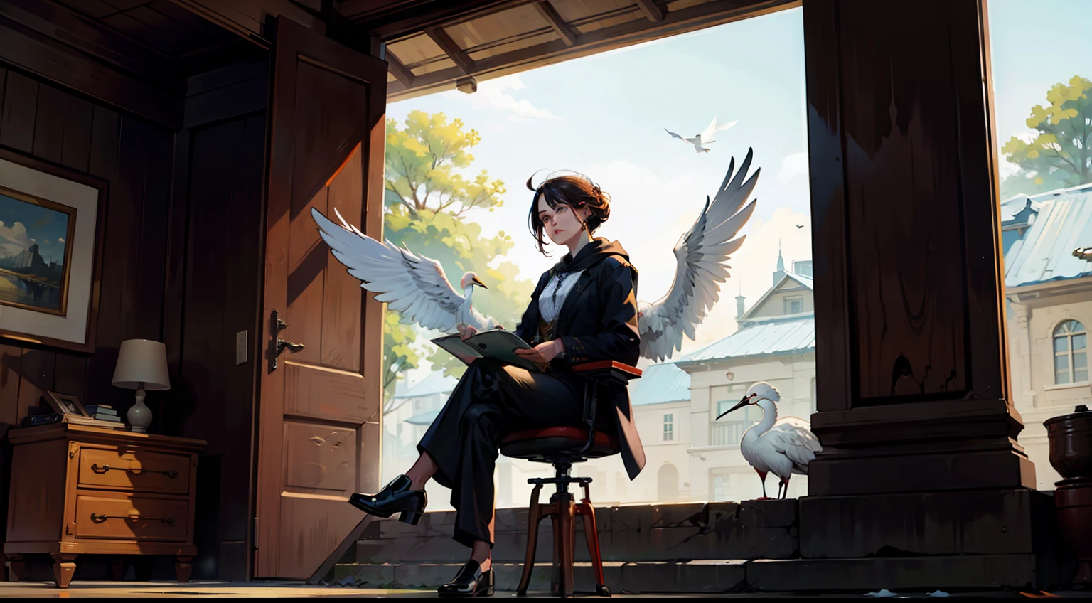 The immortal sits with a white crane