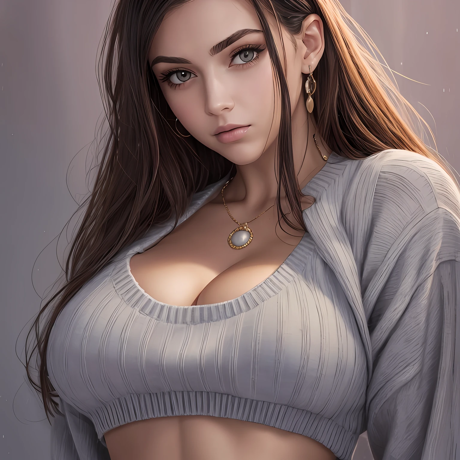 Woman, Large breasts, face to the viewer,fcPortrait, cropped sweater, Midriff, Sweaters, 1girl in, Detailed face, Hangingraten, show