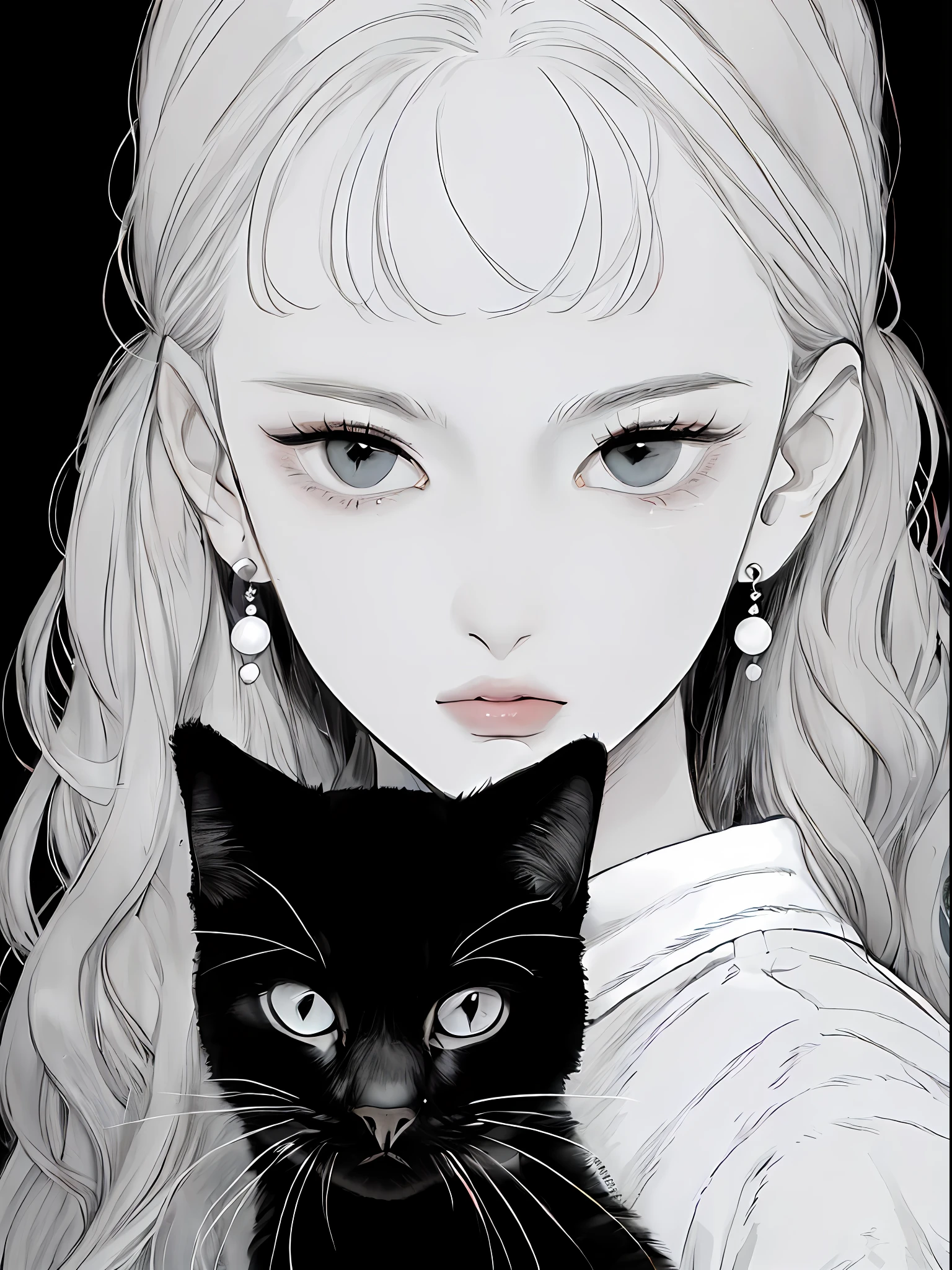 anime com cabelo longo e um gato preto, black and white manga style, black and white manga, meninato branco, menina com o de gato, arte da linha preto e branco, gatinha, gato anime bonito, menina anime com o de gato, Manga art style, bela arte de linha, arte de anime limpa e detalhada, menina do gato, mulher clhas de gato