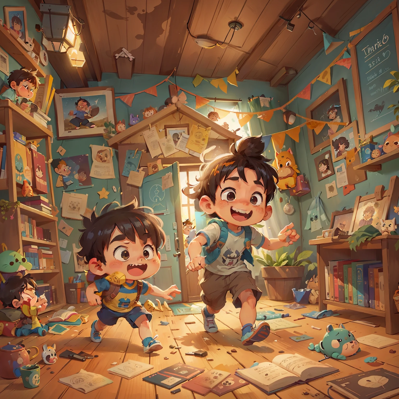 Create a scene with two children emanating joy as they explore an attic, sala de livros infantis empoeirada cheia de caixas. They discover a carefully rolled up ancient map and smiling begin to unravel its hidden secrets. Mas tenha cuidado, The room also houses dangerous shadows that hide in the darkest corners. Two cartoon brother and boy running along with a picture of a boy, Ao fundo, uma sala cheia de caixas antigas, arte conceitual de solteiro, medium shot of two characters, Arte Oficial, Arte Oficial, official illustration, dois personagens, Akehiko Inoue e Ross Tran, arte oficial do personagem, animated character, meninotos, design de protagonista de jogo humano, arte conceitual oficial, art by kids on ArtStation, Promotional Art Cartoon illustration of two boys running in a backyard , Arte infantil em Artstation, painting digital adorable, arte digital detalhada bonito, illustration of children's books, a beautiful artwork illustration, colorful kids book illustration, casa arredondada e personagem bonito, illustration of children's books, Cartoon style illustration, Directed by: Ryan Yee, Directed by: Jason Chan, bela arte digital, inspired by the children's book Goro Fujitcolorful attraction, 2d matte illustration