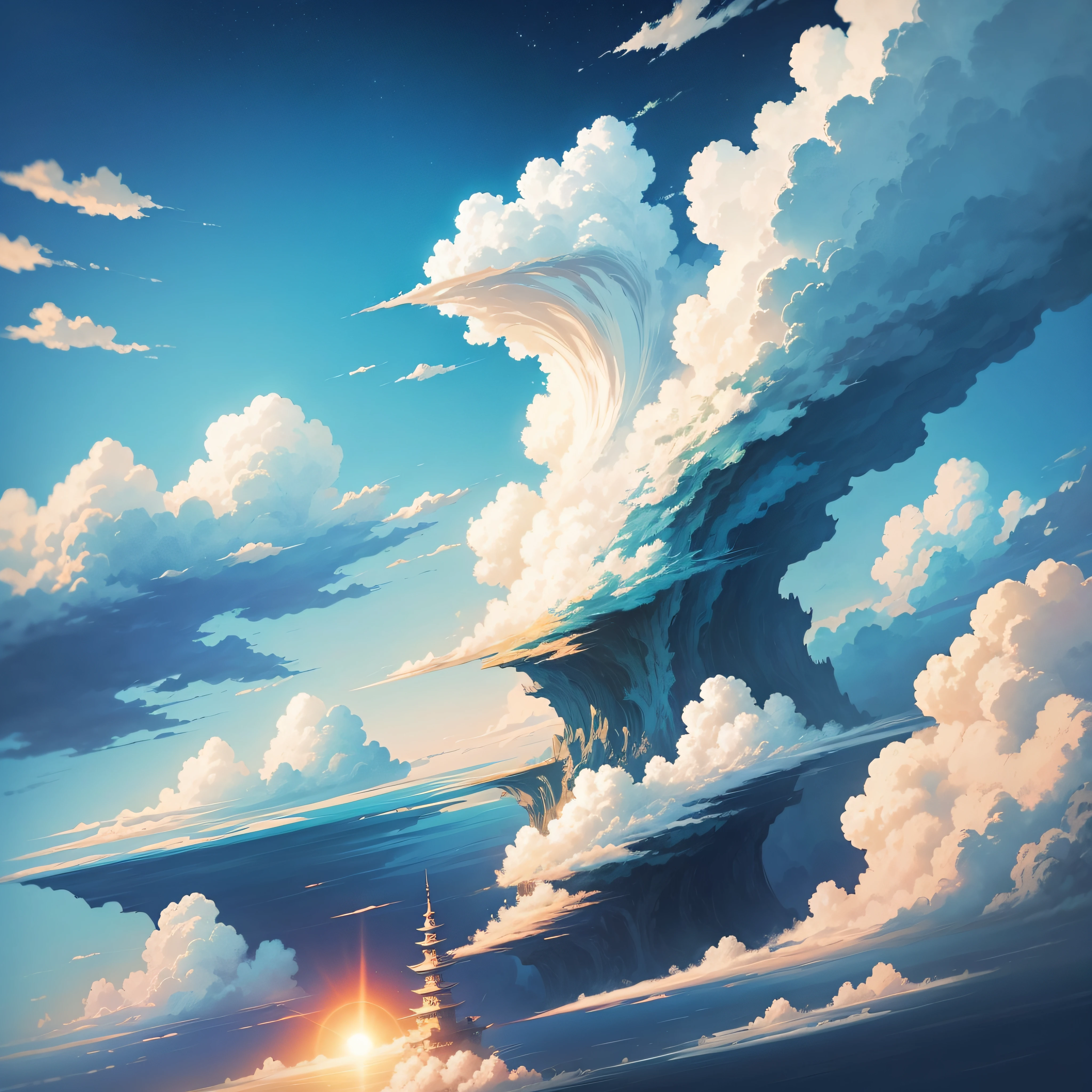 animesque、Skyscape with clouds、You can see the touch of the cloud brush、Studio Ghibli、Ghibli、Scenery、Style、early evening --auto