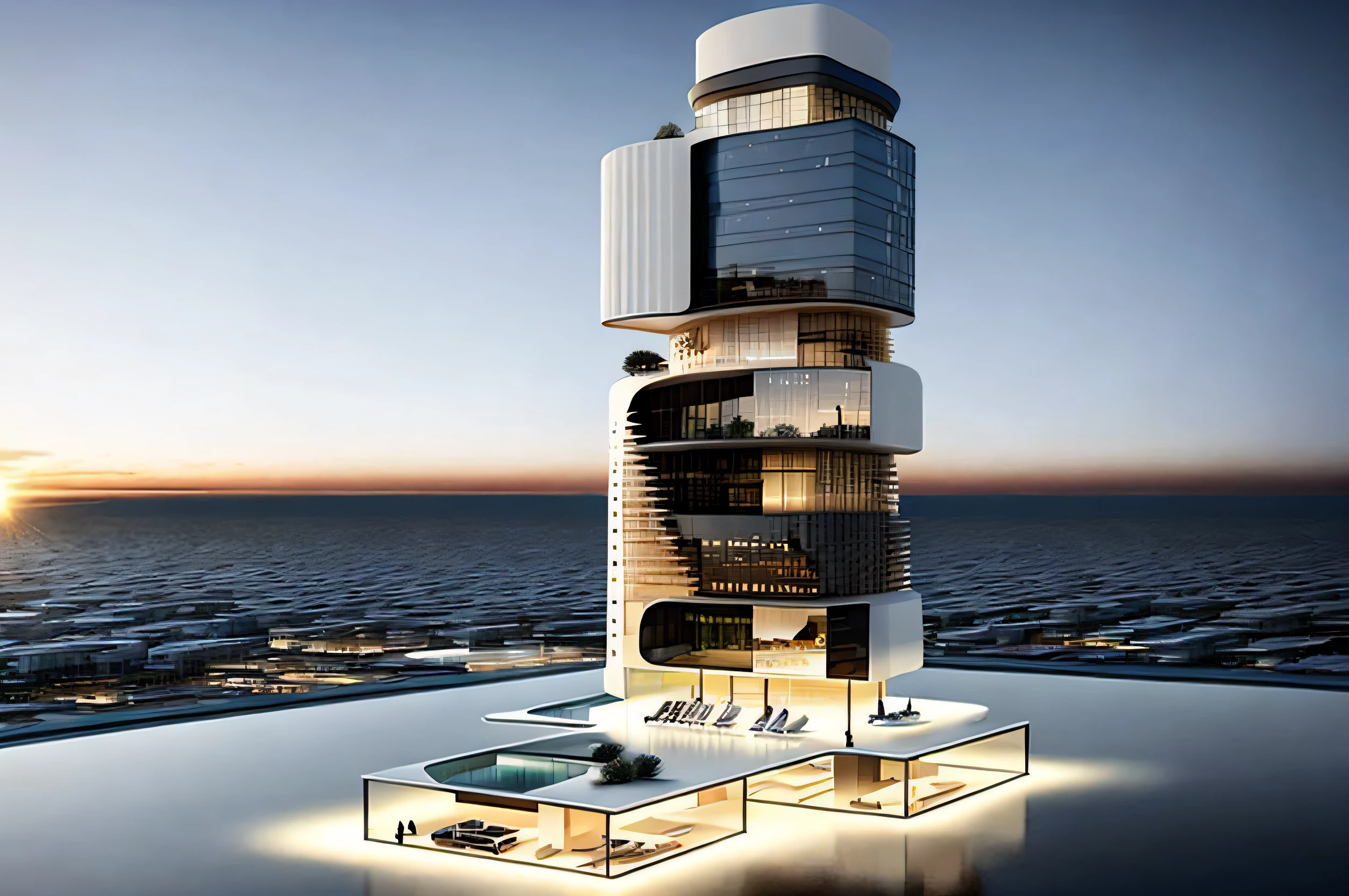 an architectural design rendering of a tall building with a LED screen on top, Located in Lusail Qatar Designed by Norman Foster, multistory building