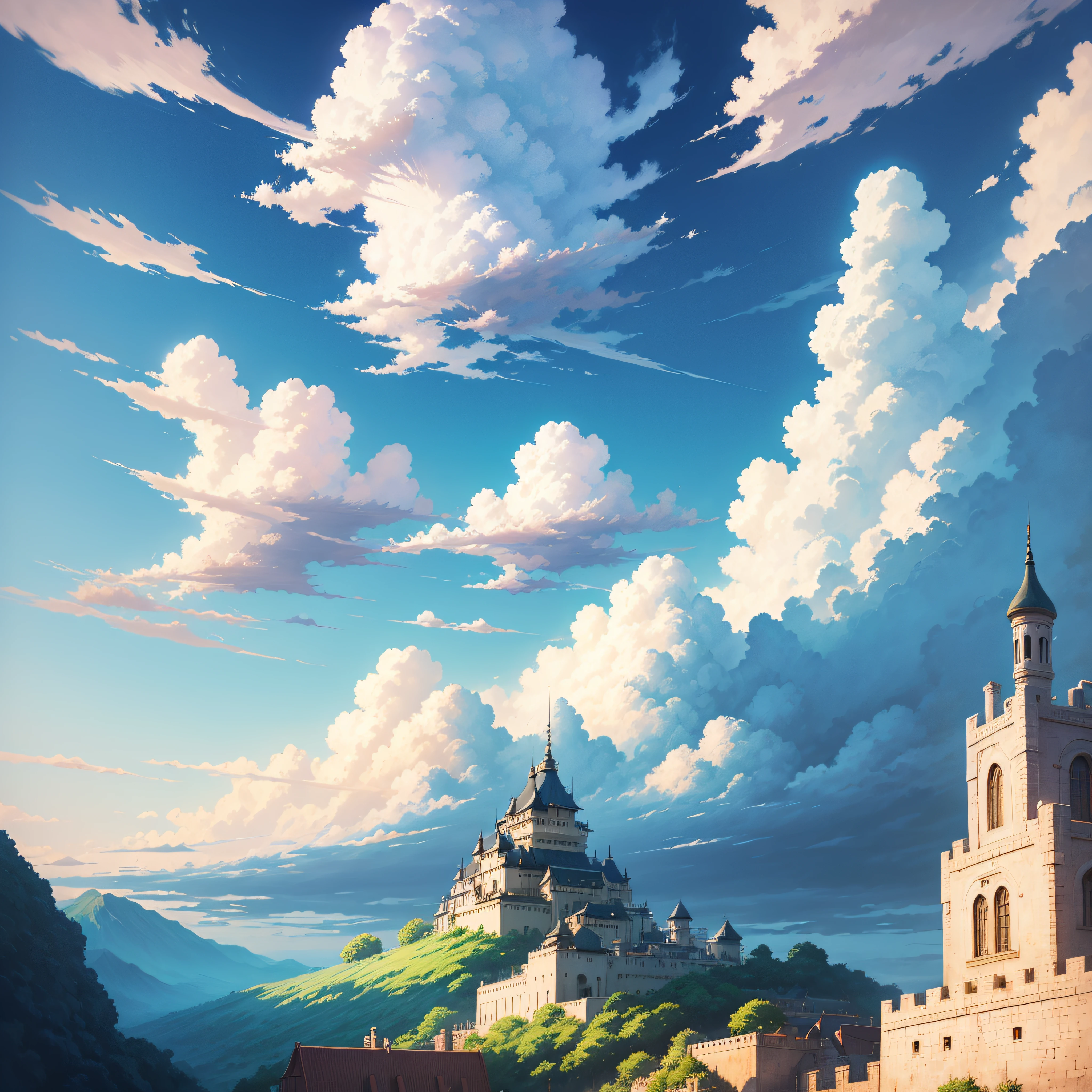 animesque、Skyscape with clouds、You can see the touch of the cloud brush、Studio Ghibli、Ghibli、Scenery、Style、early evening --auto