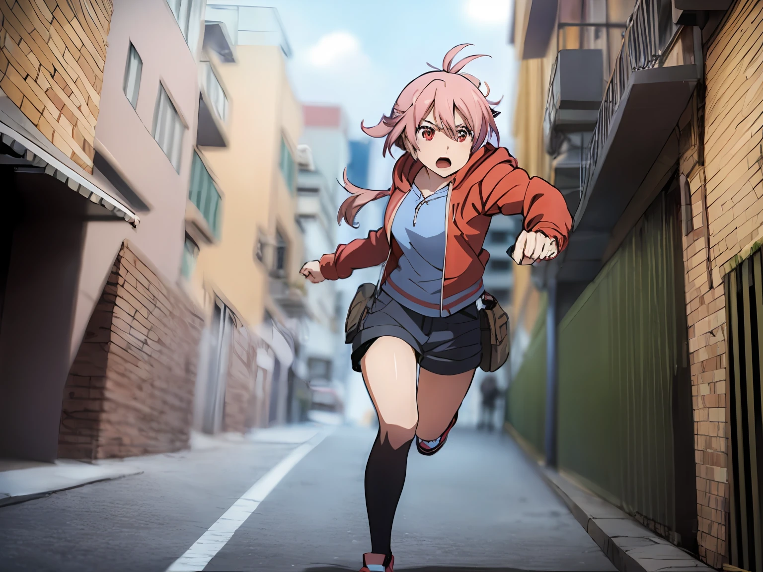 Personaje de anime en una calle de la ciudad con edificios y una mujer con una chaqueta roja, the anime girl is running, Anime Moe Artstyle, Badass Anime 8K, female action anime girl, official anime still, Estilo anime 4K, Pose de ataque, epic anime style