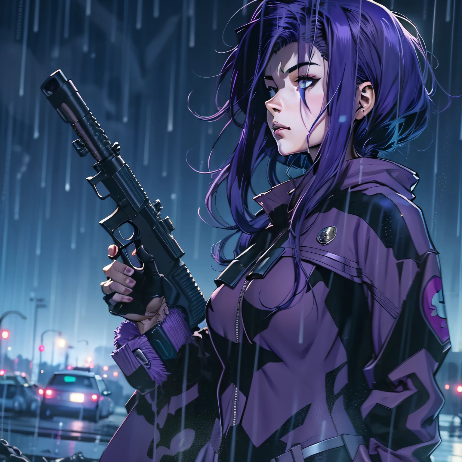 anime girl with purple hair holding a gun in the rain, misato katsuragi, she has purple hair, in the anime film, in the anime film ergo proxy, in the anime series ergo proxy, in no game no life, screenshot from guro anime, ilya kuvshinov with long hair, jojo anime style, screenshot from the anime film