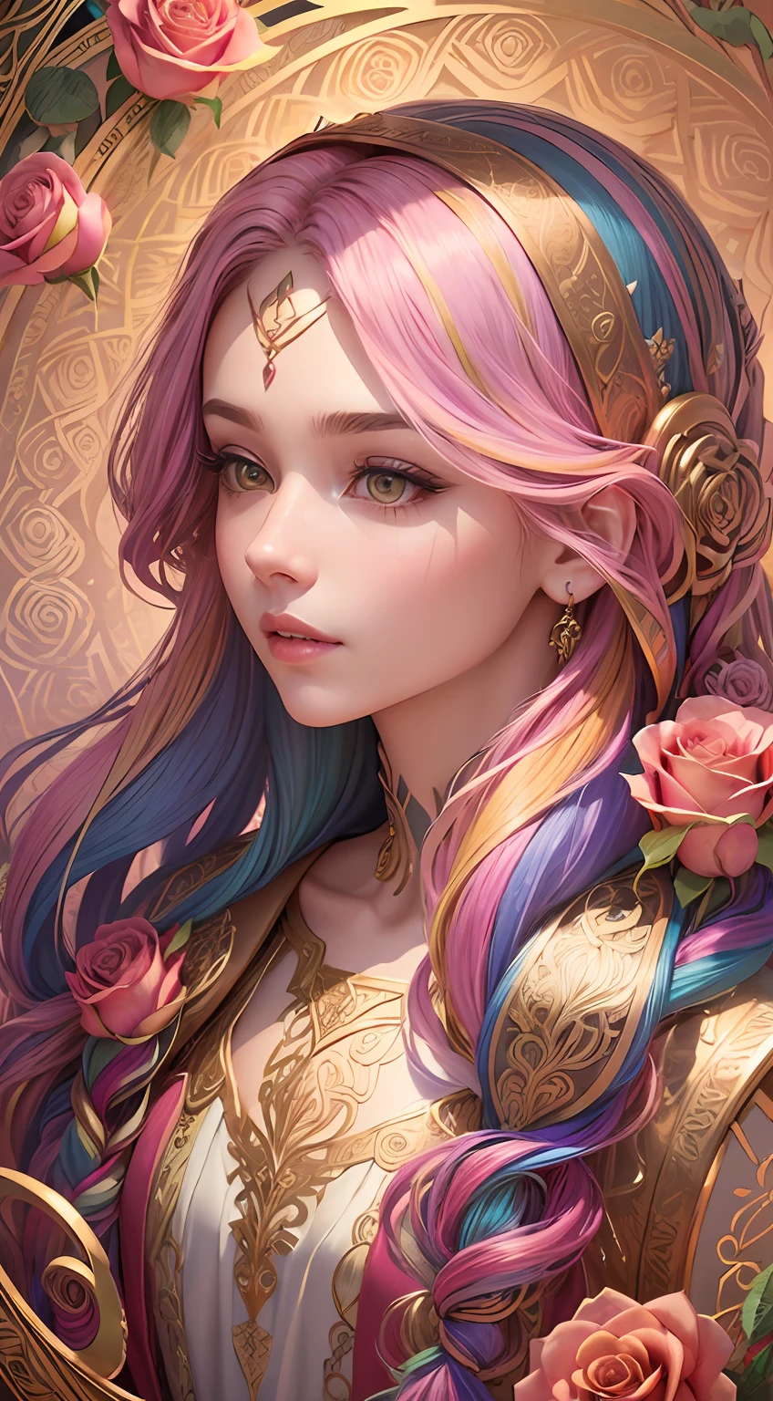 Gold engraving, zentangle，3D rendering，with rainbow colored background, Spring，(Beauty side face,Long colored hair:1.3)，(roses:1.2), Colorful, Best quality, Detailed details, Masterpiece, offcial art, Cinematic lighting effects, 4K,