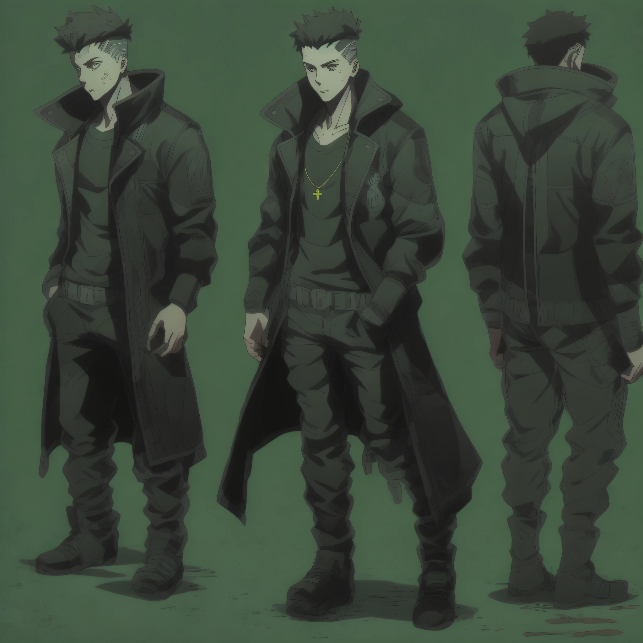 Create the art of a young male human character with a normal body and average height, vestindo camiseta, jaqueta de trincheira longo da cor preta, Estilo detetive Noir, Estilo Shadowrun, Personagem inspirado em Shadowrun