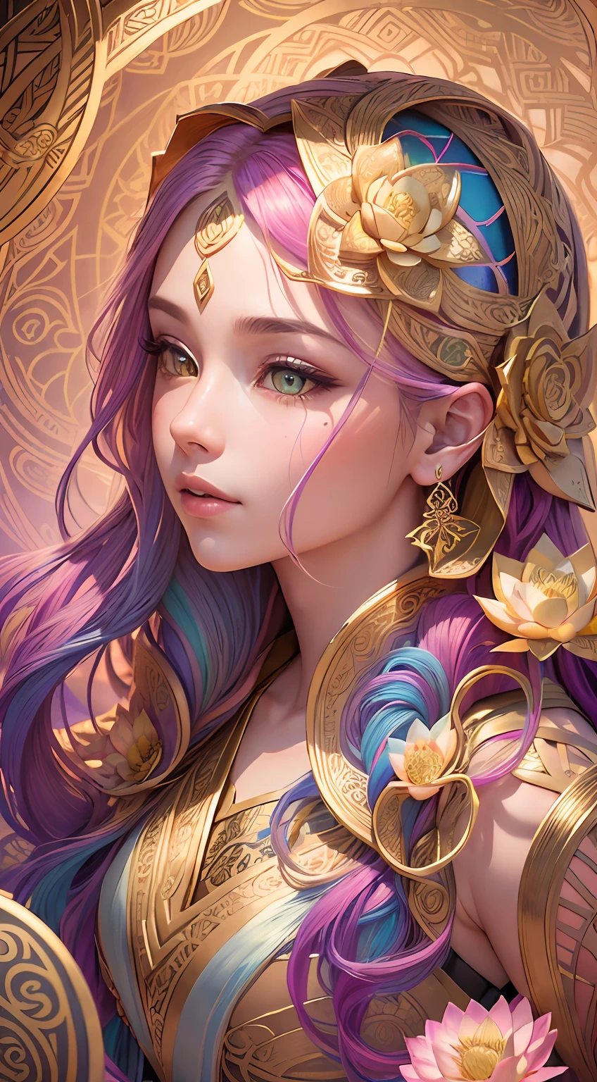Gold engraving, zentangle,3D rendering of,with rainbow colored background, summertime,(Beauty side face,Long colored hair:1.3),(lotuses:1.2), Colorful, Best quality, Detailed details, Masterpiece, offcial art, Cinematic lighting effects, 4K,