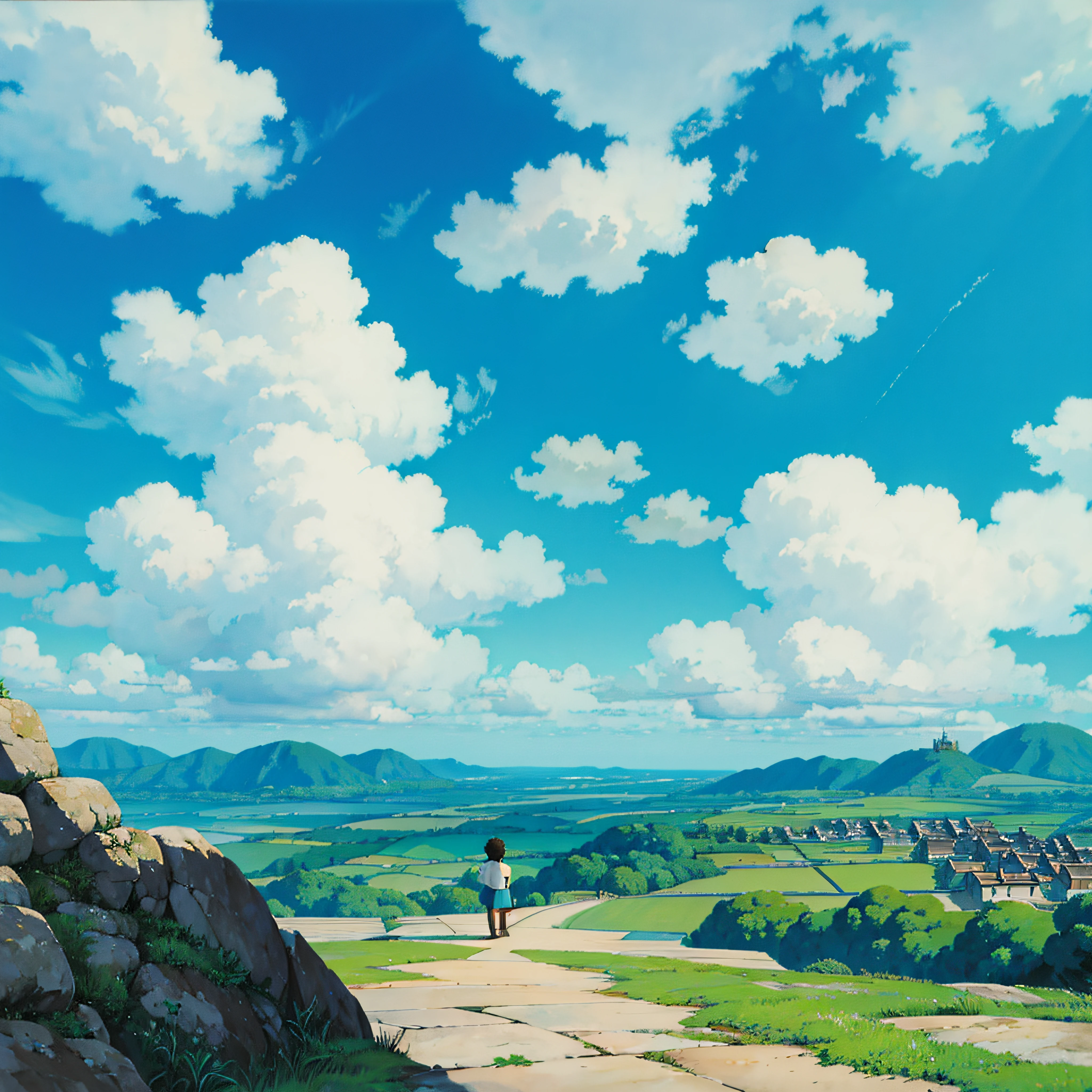 animesque、Skyscape with clouds、You can see the touch of the cloud brush、Studio Ghibli、Ghibli、Scenery、Style --auto