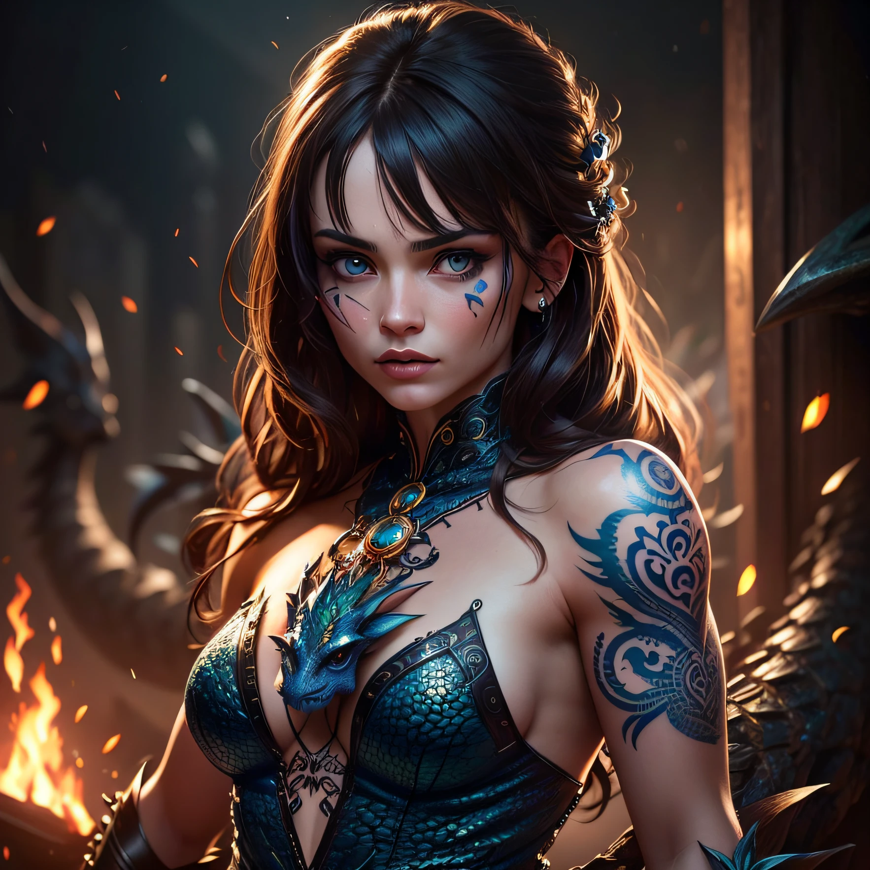 realistic photo wild young 1woman, warrior face tattoo, super realistic, sharpened details, ultra detail, detailed skin, blue sharpened eyes, detailed brunette with bangs, movie, piercing, intricate details, (gorgeous face:1. 2), Masterpiece, Dragon Horn, ((Full Body)),