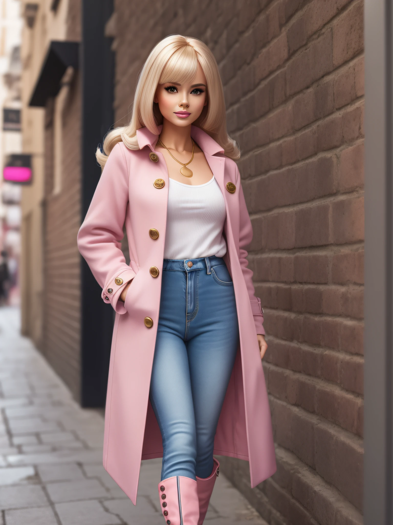 Create the version of Barbie with straight blonde hair with full-body bangs wearing a pink collared blouse , cachecol, dark jeans and a light pink parka-style overcoat with gold buttons and long boots Cinematic realist doing various poses for a photo shoot