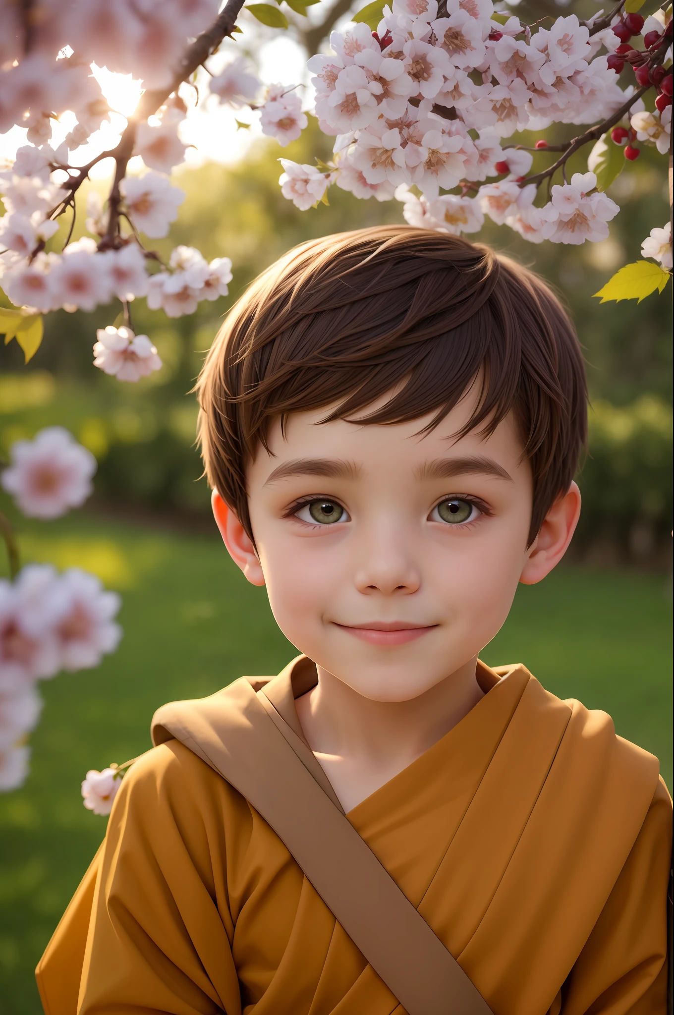 1boys，looking at viewert，beatiful detailed eyes，largeeyes，ssmile，Yellow theme，（Monk's robes），light in face，cinmatic lighting，The upper part of the body，exteriors，cherry tree，