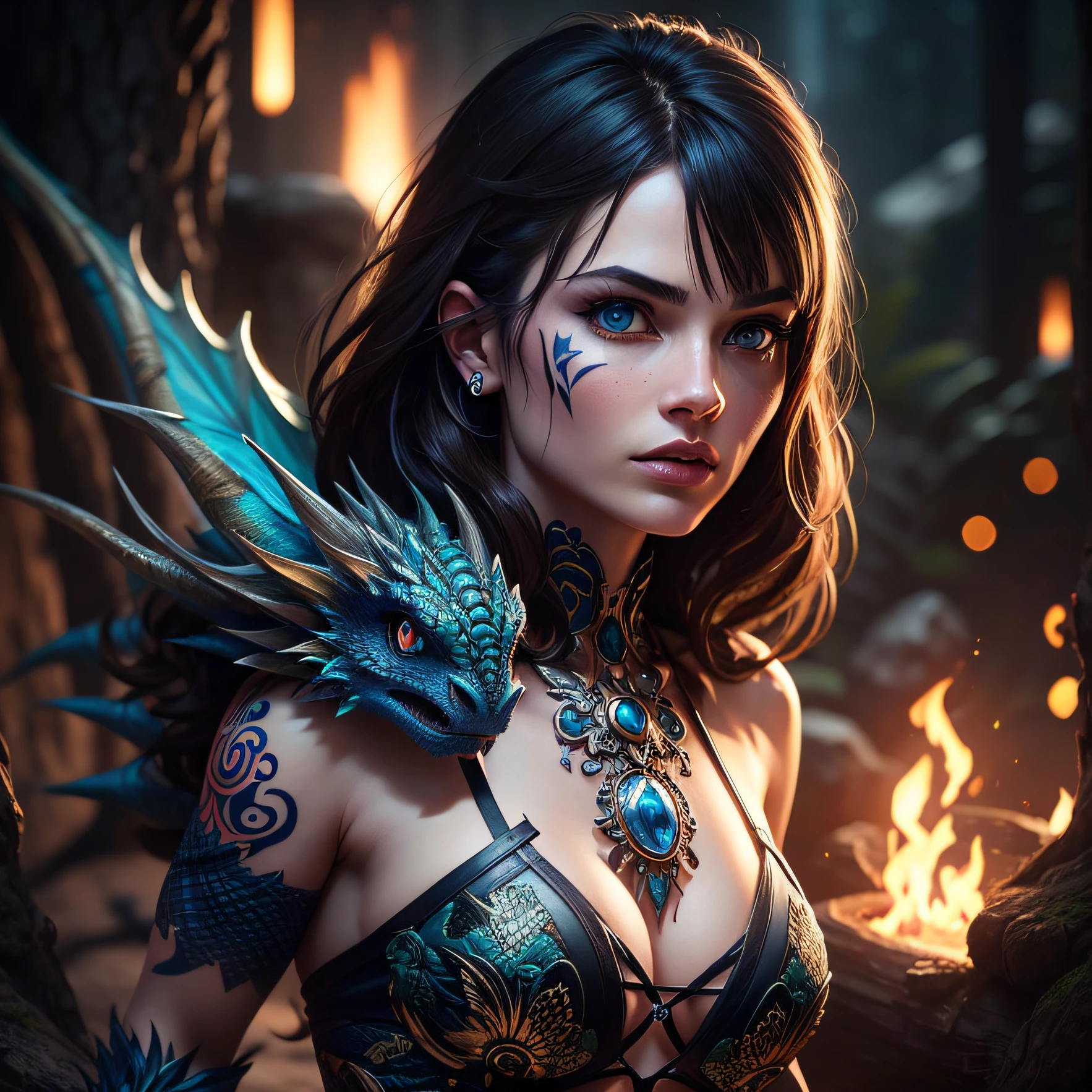 realistic photo wild young 1woman, warrior face tattoo, super realistic, sharpened details, ultra detail, detailed skin, blue sharpened eyes, detailed brunette with bangs, movie, piercing, intricate details, (gorgeous face:1. 2), Masterpiece, Dragon Horn, ((Full Body)),