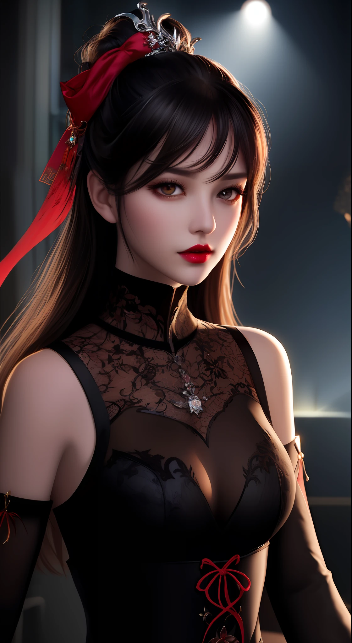 best quality, masterpiece, highres, 1girl, hanfu, white and even teeth, red irises, chinese underwear, hair ornaments, necklace, jewelry, crown jewelry. Pretty face, upper body, magic import style, tyndall effect, photo realistic, dark studio, border light, two tone light, (high detail skin: 1.2), 8k uhd, dslr , soft light, high quality, volumetric light, candid, Photo , high resolution, 4k, 8k, Bokeh, (light pink lips), 1 beautiful demon from hell, In the Dark: 1.6), surreal portraits of women by David Hockney and Alphonse Mucha, fantasy art, photorealism, dynamic lighting, station art, posters, volumetric lighting, highly detailed faces , super 8k, Awarded, in the dark, deep shadow, low light, cowboy lens, (Red phoenix shirt: 1.4), long hair, black hair, bust, luxury palace, Royal style family, devil's crown, red eyes with very sharp and detailed makeup, Best face, Very round and tight , Surreal, chinese women's clothing, turtleneck polo lace top, charming smile, Beautiful eye makeup, guweiz, devil style, black lace stockings, mesh stockings with hooks on underwear, ponytail with a bow at the back, dark red lips, Devil tattoo on shoulder, wearing a nightgown thin lace deep slit chest red black, overcast and thunderous landscape, (Portrait), Close-up of main character, (Background detail 1.8),