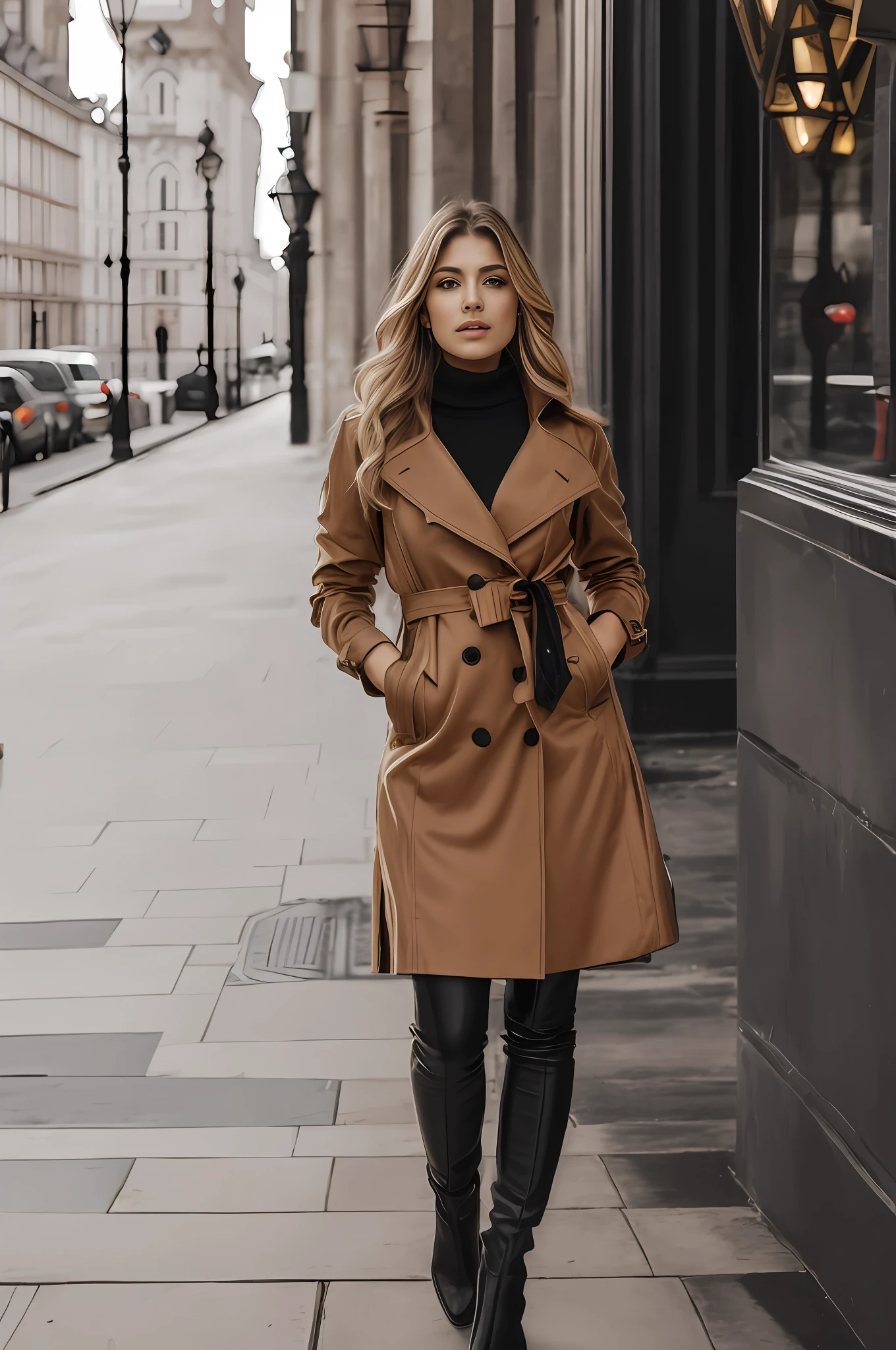 (obra-prima, qualidade superior, melhor qualidade, Detalhe extremo, detalhe supremo, Arte Oficial, Beauty and Aesthetics: 1.2), retrato de 1 mulher, longos cabelos tingidos de loiro, tattoo on left hand, in a brown overcoat with black button detail, black turtleneck sweater under coat, casaco fechado, casaco amarrado , black leather pants and black leather boot, andando pelas ruas de Londres, Big Ben Foundation, melhor qualidade, obra-prima, fotorrealista: 1.2, Ultra alto nada, 8K foto crua, elegante, Glamour, textura detalhada, symmetrical face, realce facial, luz natural do dia, foto de corpo todo