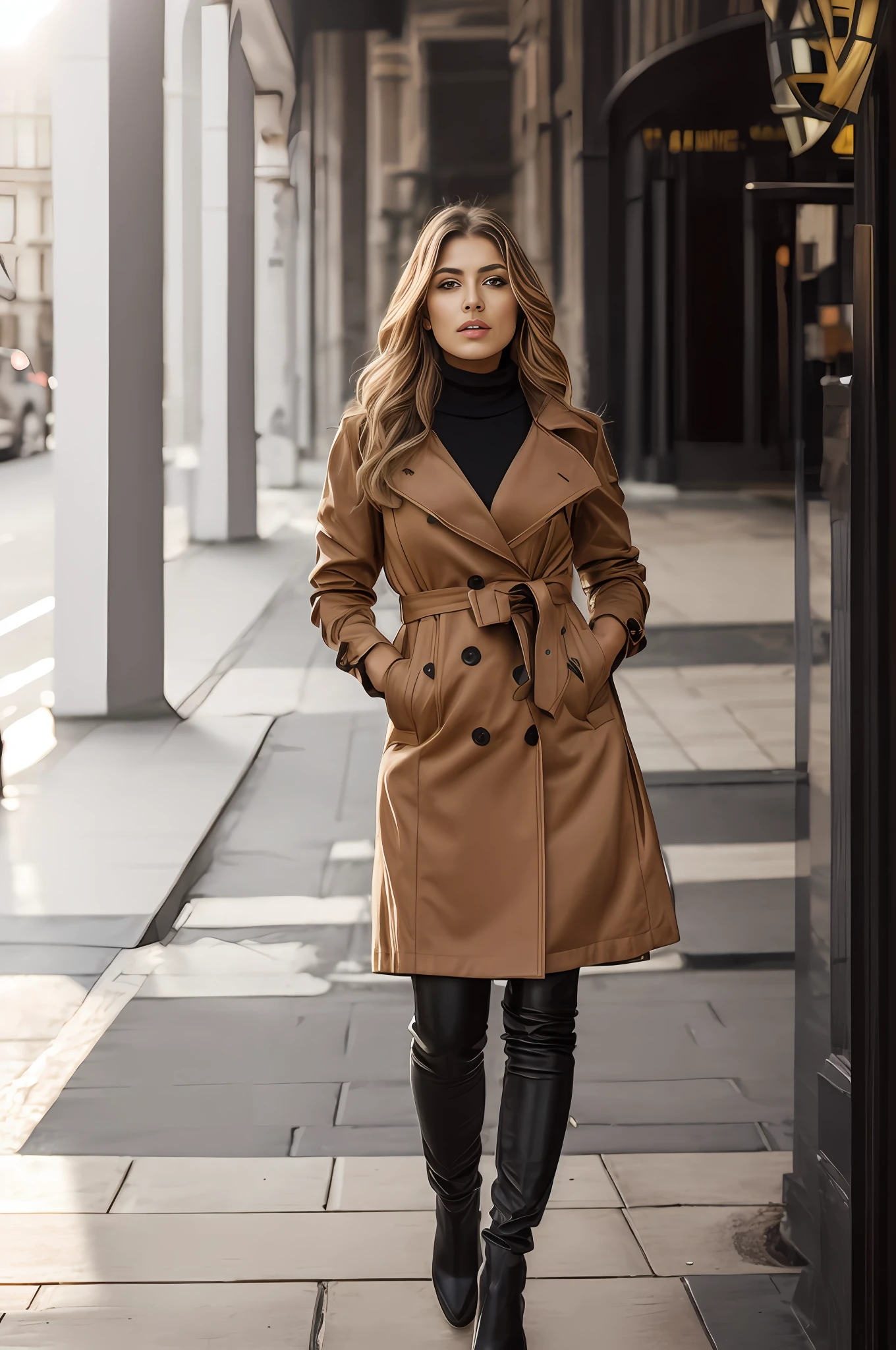 (obra-prima, qualidade superior, melhor qualidade, Detalhe extremo, detalhe supremo, Arte Oficial, Beauty and Aesthetics: 1.2), retrato de 1 mulher, longos cabelos tingidos de loiro, tattoo on left hand, in a brown overcoat with black button detail, black turtleneck sweater under coat, casaco fechado, casaco amarrado , black leather pants and black leather boot, andando pelas ruas de Londres, Big Ben Foundation, melhor qualidade, obra-prima, fotorrealista: 1.2, Ultra alto nada, 8K foto crua, elegante, Glamour, textura detalhada, symmetrical face, realce facial, luz natural do dia, foto de corpo todo