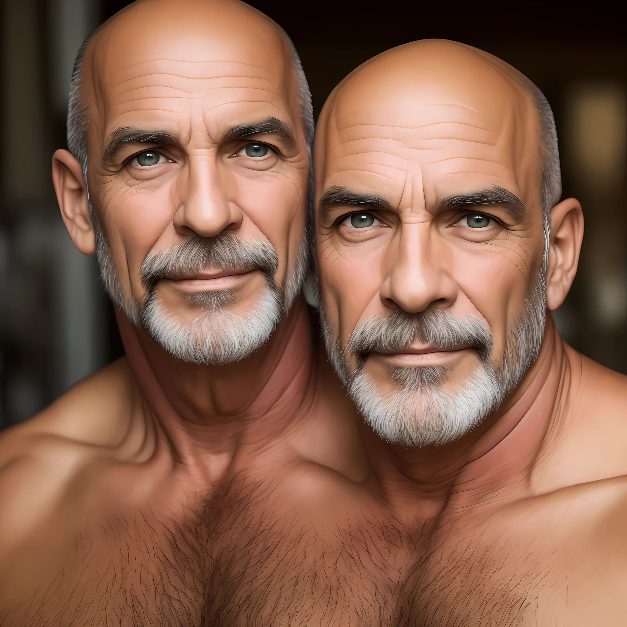 Homem de 54 anos, careca, bald, barbudo, barba grisalho, olhos escuros, rustic brunette skin, musculoso, sobrancelha grossa --auto