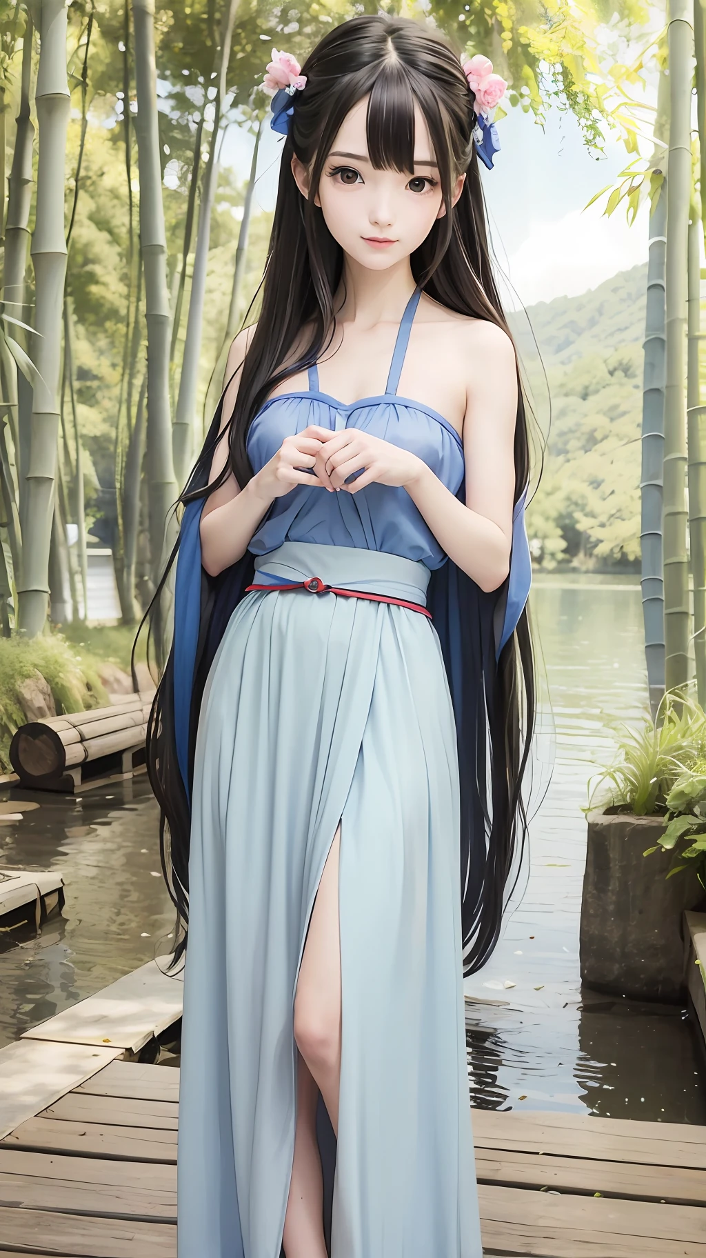 Masterpiece, Best Quality, Official Art, 8k Wallpaper, Very Detailed, Illustration, 1 Girl, Sky Blue Hair, Long Hair, Detailed Eyes, Forrest Gump, Bare Shoulders, Hanfu, Lake, Pure, Soft Smile, bamboo, tea