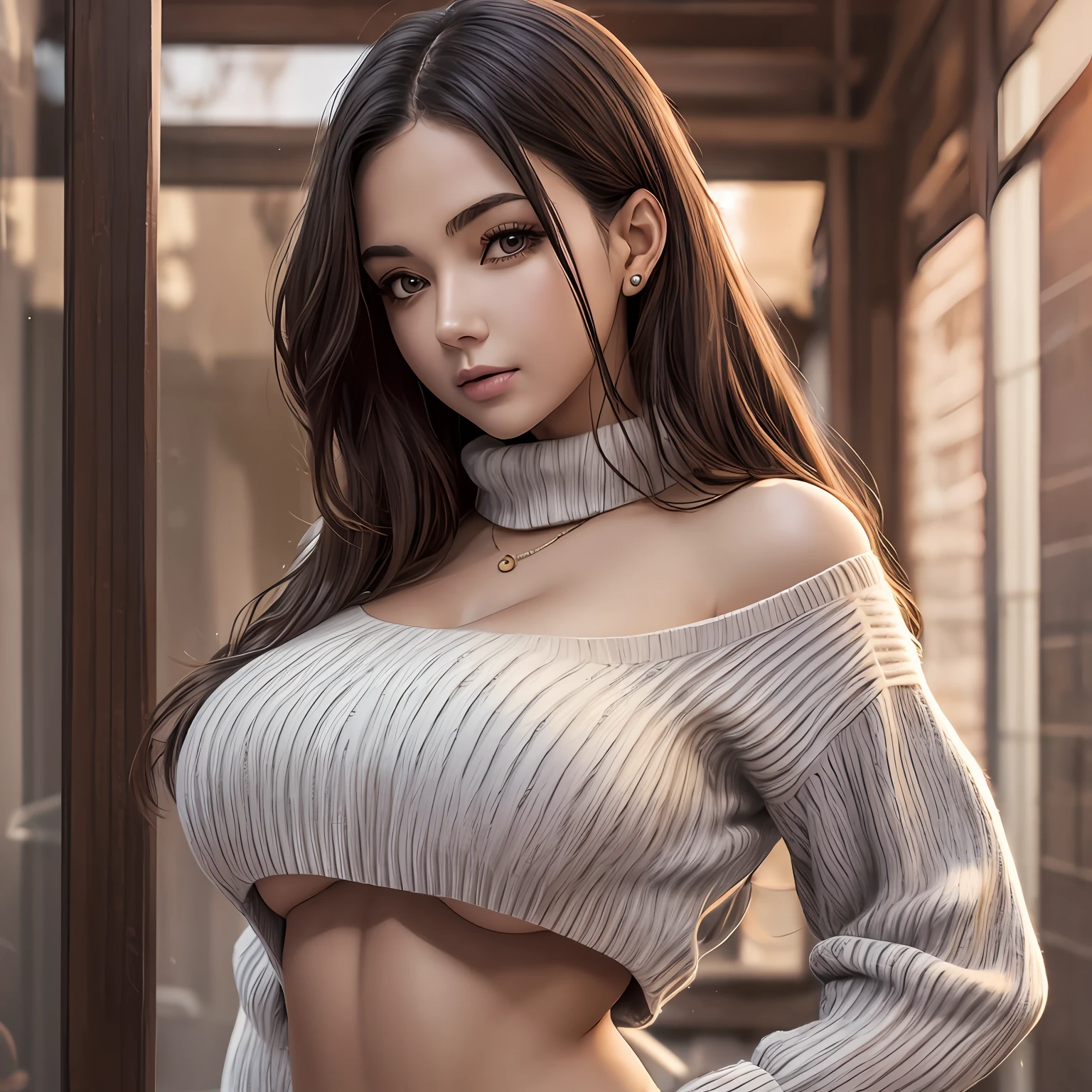 Woman, Large breasts, face to the viewer,fcPortrait, cropped sweater, Midriff, Sweaters, 1girl in, Detailed face, Hangingraten, show,underboob、