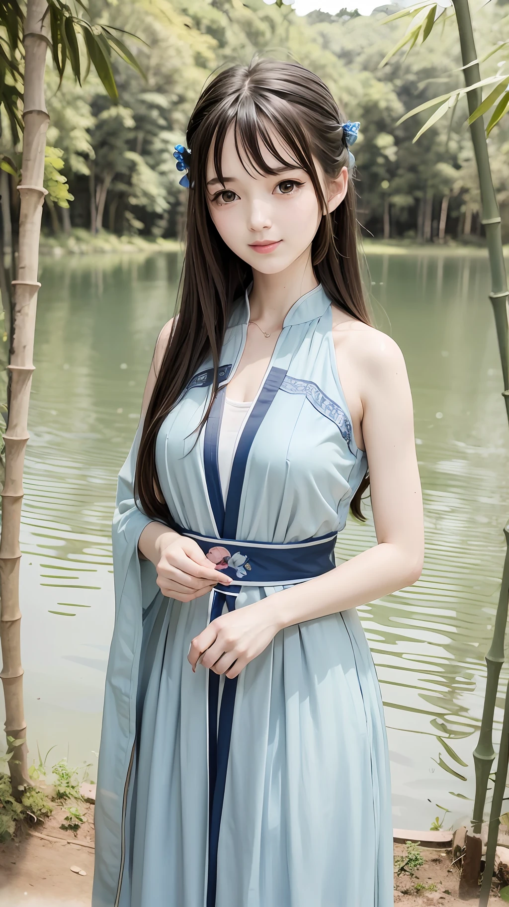 Masterpiece, Best Quality, Official Art, 8k Wallpaper, Very Detailed, Illustration, 1 Girl, Sky Blue Hair, Long Hair, Detailed Eyes, Forrest Gump, Bare Shoulders, Hanfu, Lake, Pure, Soft Smile, bamboo, tea