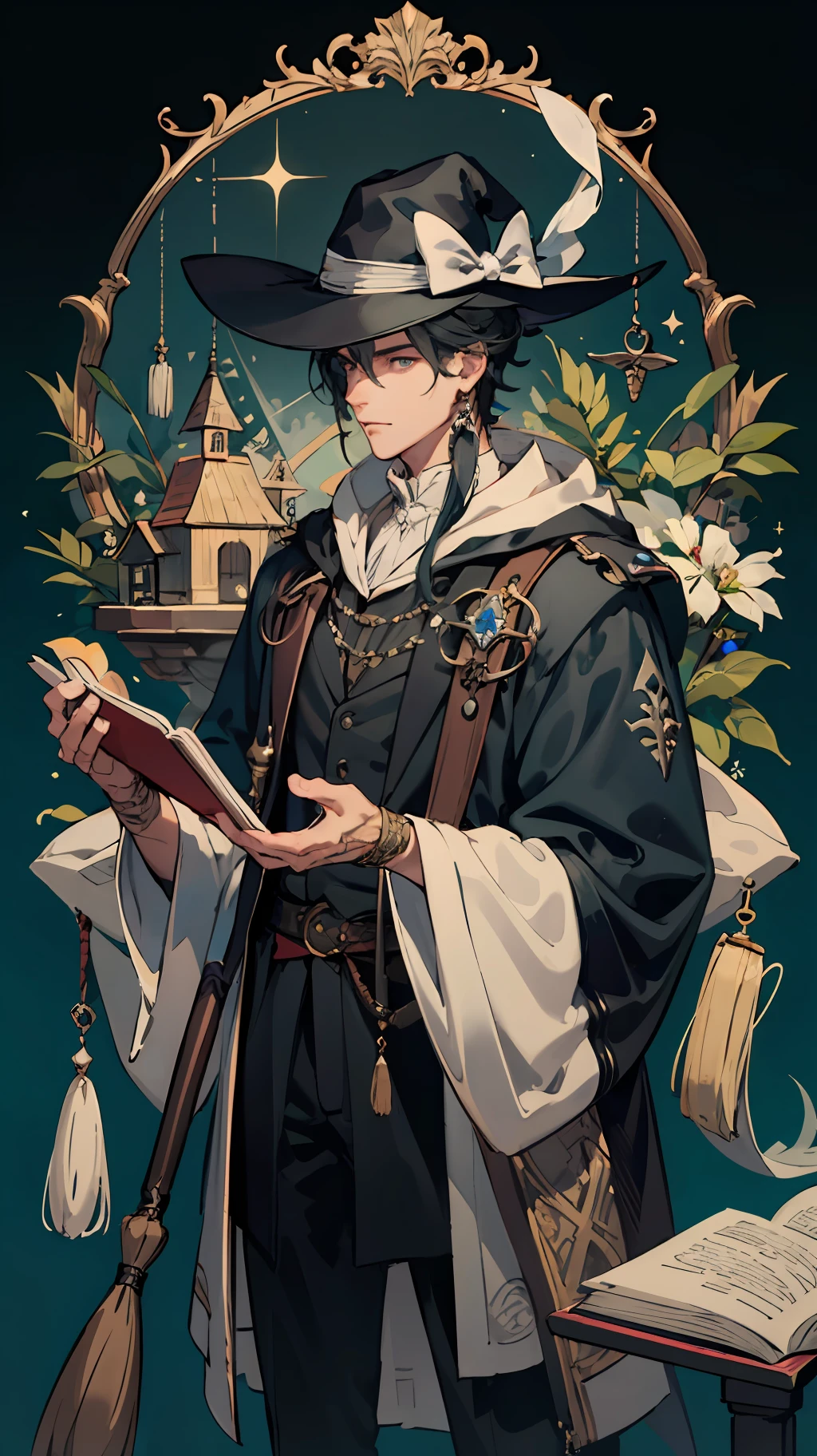 masterpiece, best quality, 1 male, adult, tall muscular, handsome, finely detailed eyes, intricate details, wizard, black hat with a pointed brim, broomstick with a carved handle, spellbook with a variety of spells, potion bottles with various ingredients, enchanted forest with a hidden wizard hut