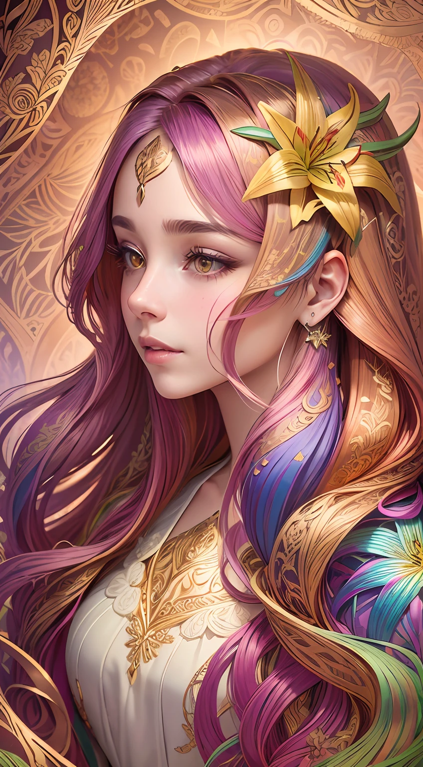 Gold engraving, zentangle，3D rendering of，with rainbow colored background, fall season，(Beauty side face,Long colored hair:1.3)，(the lilies:1.2), Colorful, Best quality, Detailed details, Masterpiece, offcial art, Cinematic lighting effects, 4K,