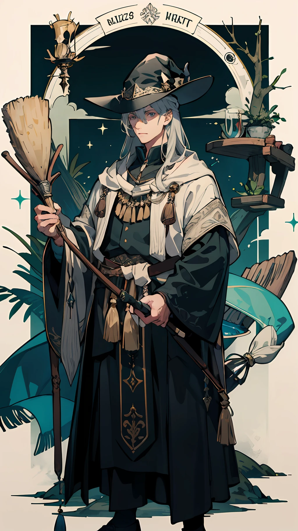 masterpiece, best quality, 1 male, adult, tall muscular, handsome, finely detailed eyes, intricate details, wizard, black hat with a pointed brim, broomstick with a carved handle, spellbook with a variety of spells, potion bottles with various ingredients, enchanted forest with a hidden wizard hut