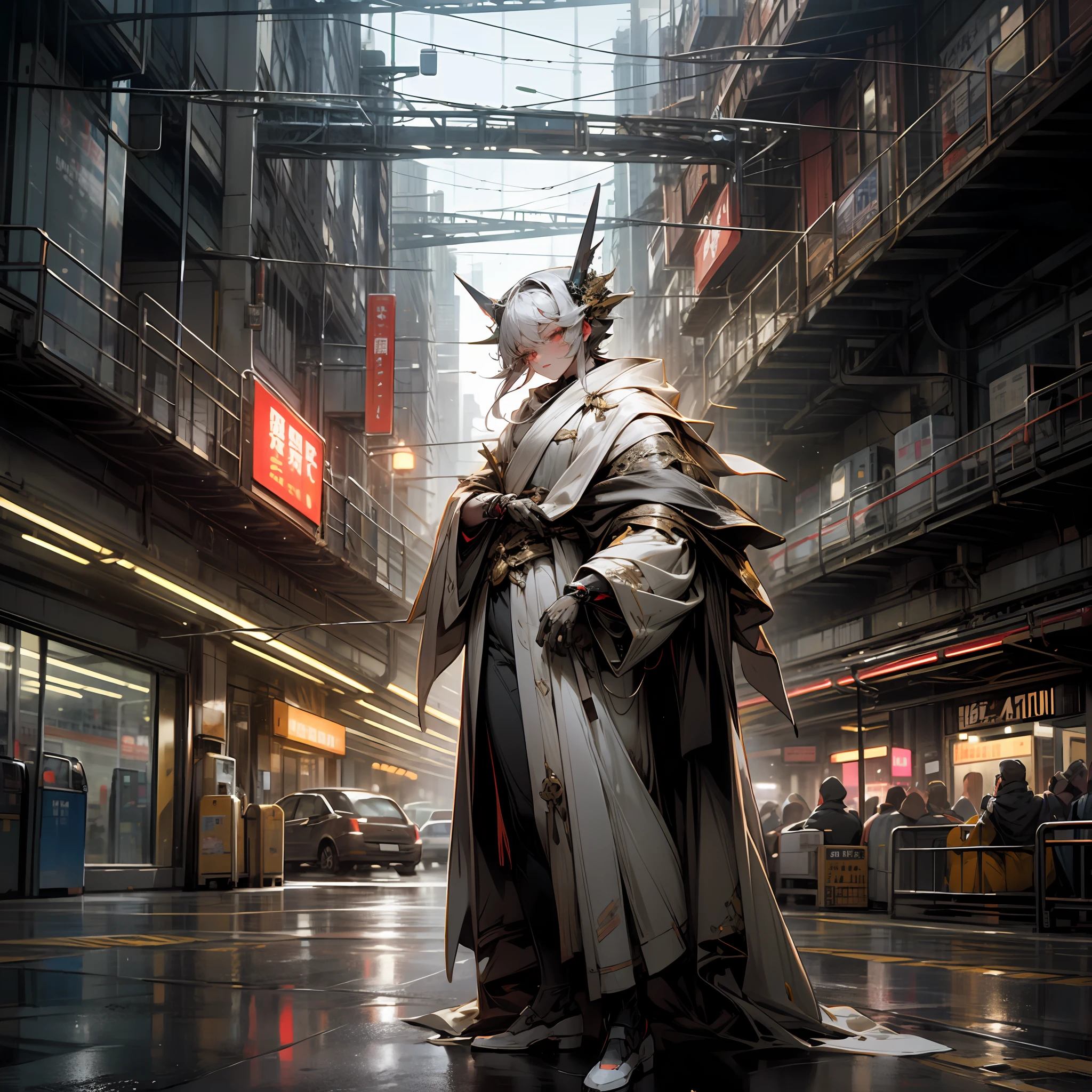 The silver-white mech looks down on the city,Wearing a silver robe, Machine god looking at bustling city scenes,Neon shines,The streets are still bustling。 --auto