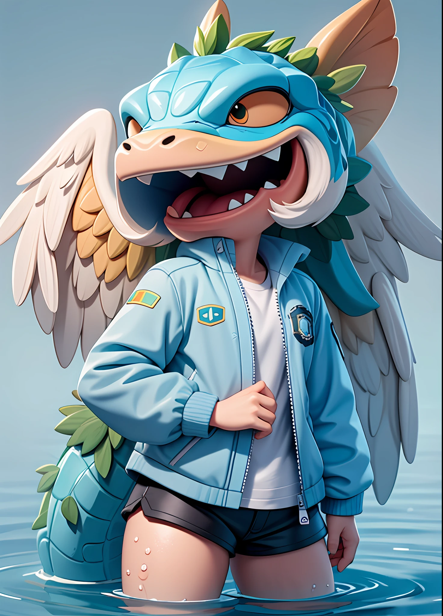 Caiman, anthropomorphic Caiman, kawaii style, blue-grey scales, angel wings made of river water, dressed in white shirt with a black and blue jacket and black shorts, Angel of rivers, waters of the earth, Masterpiece, Best Quality