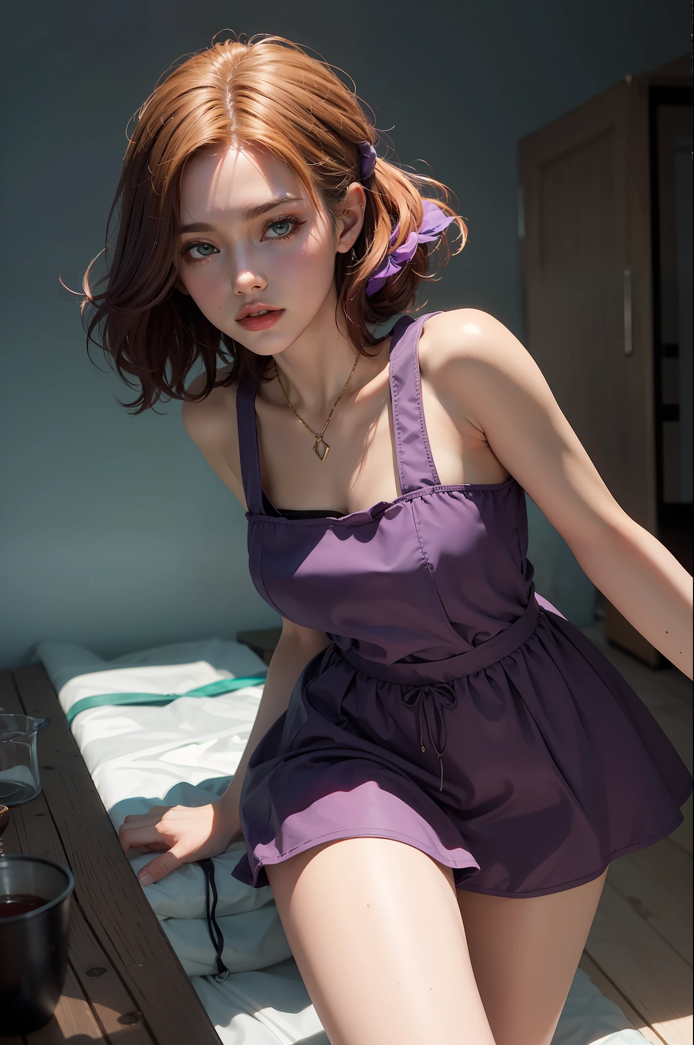 concept art, overhead angle of a Will-o'-the-wisp, wearing Funny Somali Emerald deep orange Pinafore, Caramel hair styled as Short hair, fluorescent purple Hair tie, equirectangular 360, Highres,  [(art by Willi Baumeister:1.1), (art by John T. Biggers:1.2)::17], official art, unity 8k wallpaper, ultra detailed, aesthetic, masterpiece, best quality, photorealistic