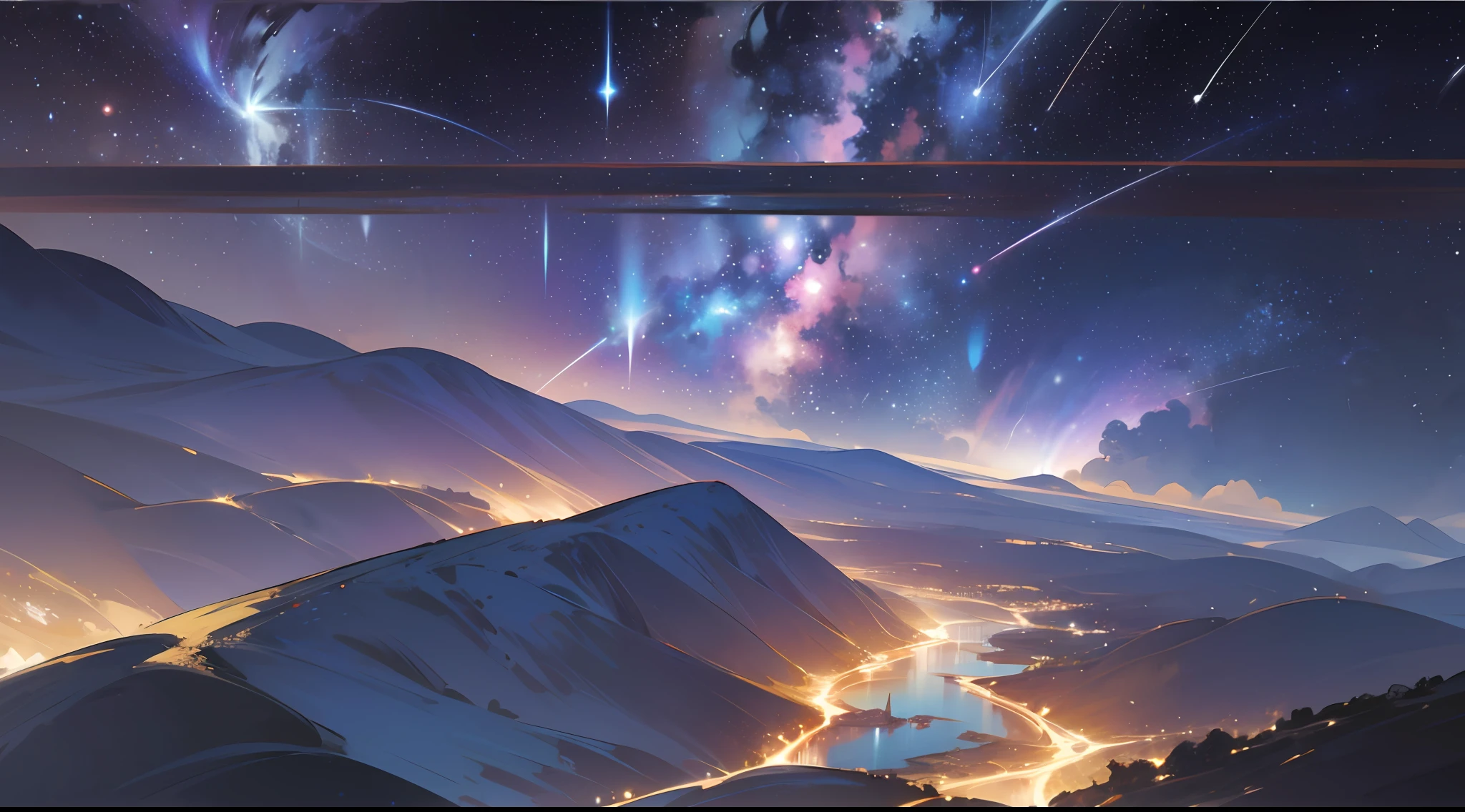 In the vast expanse of the night sky, countless stars twinkle and shimmer, illuminating the darkness like celestial diamonds. The Milky Way stretches across the heavens, a river of light that guides the imagination.

Amidst this stellar spectacle, a shooting star streaks across the sky, leaving behind a trail of brilliance. 
The combination of the starry heavens, the shooting star, and the seamless union of the sea and sky evokes a profound sense of serenity and awe. It is a moment where time stands still, inviting contemplation and connection with the vastness of the universe.