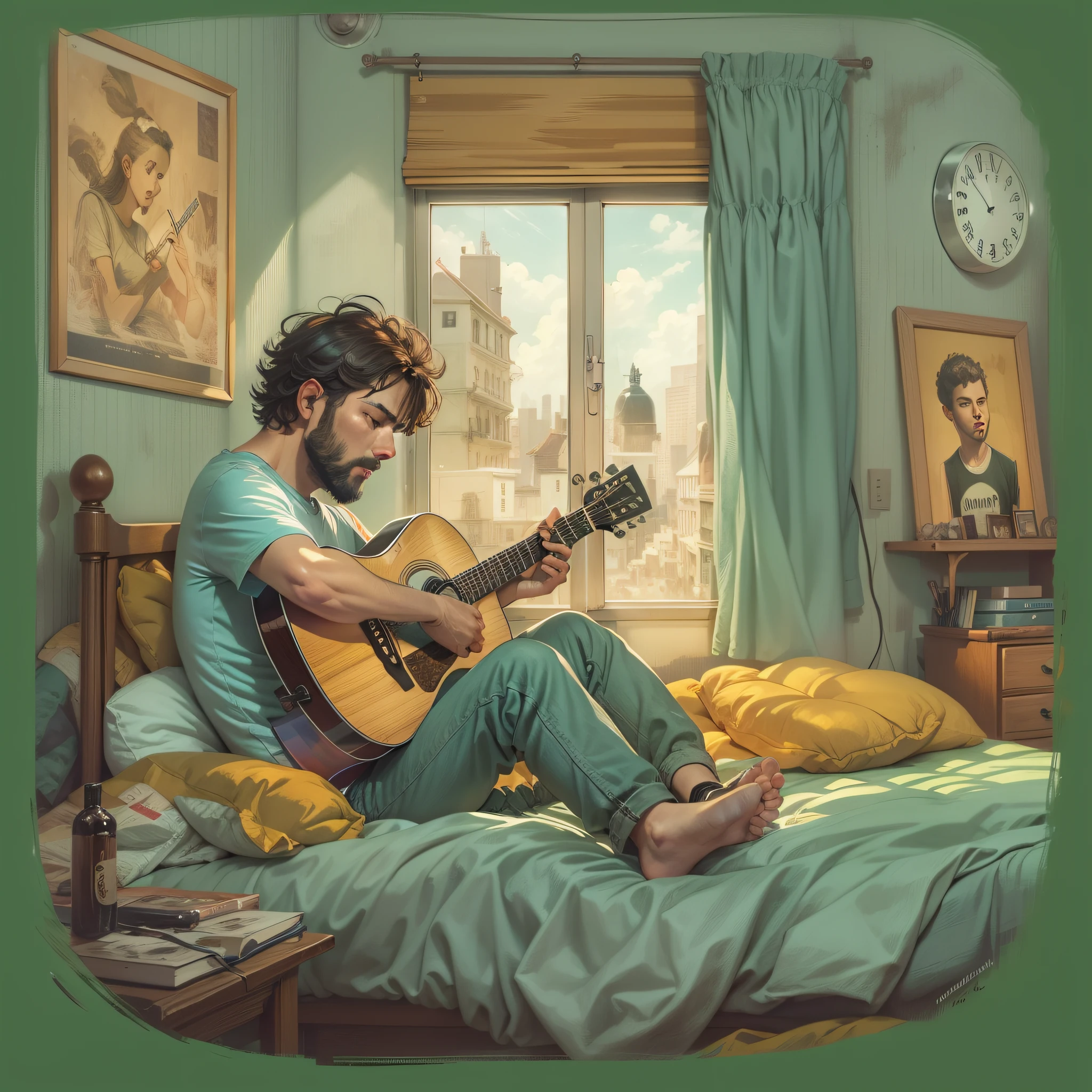 round art for t-shirt, man playing guitar in the bedroom, with a notebook on the side, sad