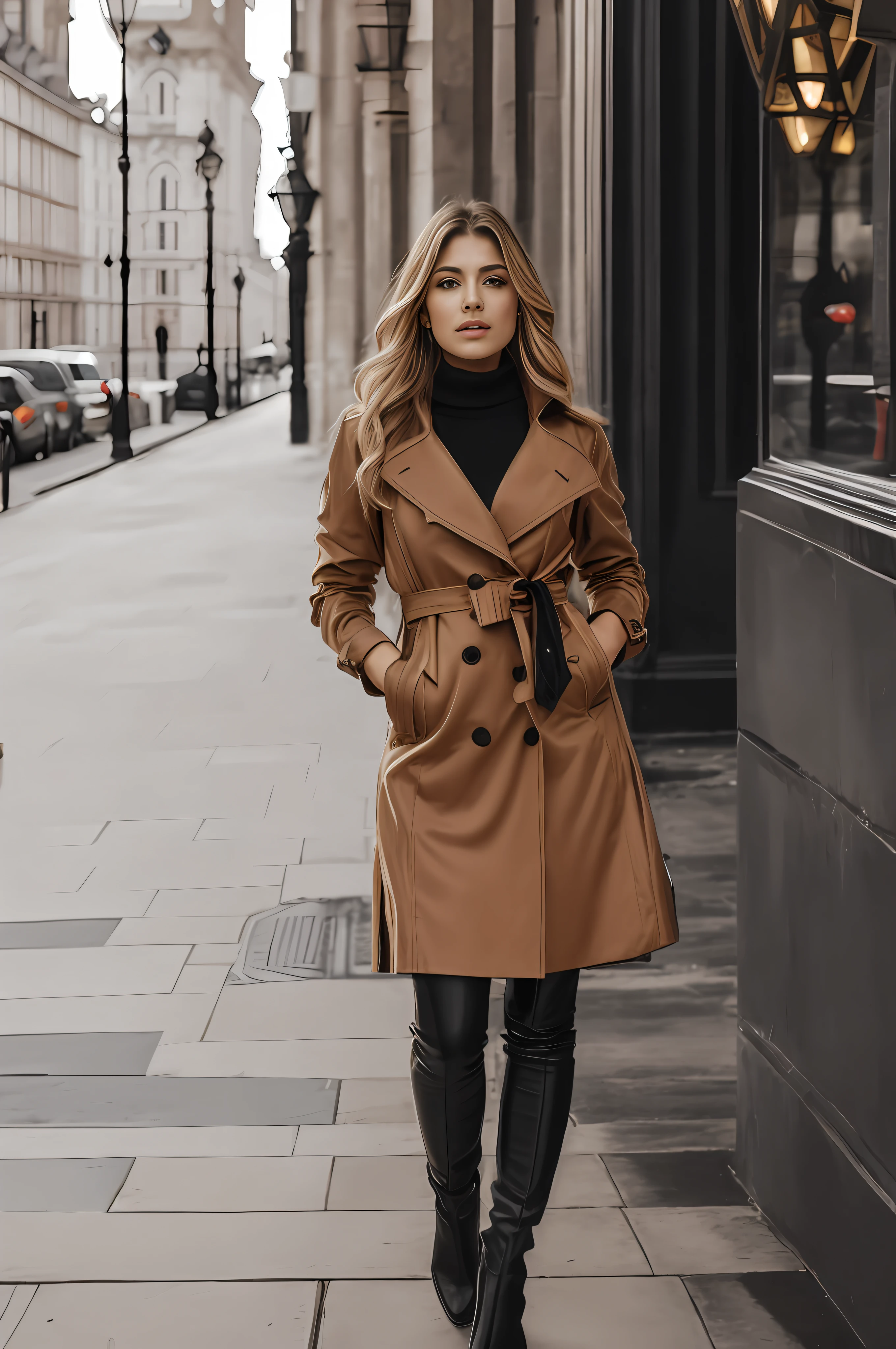 (obra-prima, qualidade superior, melhor qualidade, Detalhe extremo, detalhe supremo, Arte Oficial, Beauty and Aesthetics: 1.2), retrato de 1 mulher, longos cabelos tingidos de loiro, tattoo on left hand, in a brown overcoat with black button detail, black turtleneck sweater under coat, casaco fechado, casaco amarrado , black leather pants and black leather boot, andando pelas ruas de Londres, Big Ben Foundation, melhor qualidade, obra-prima, fotorrealista: 1.2, Ultra alto nada, 8K foto crua, elegante, Glamour, textura detalhada, symmetrical face, realce facial, luz natural do dia, foto de corpo todo