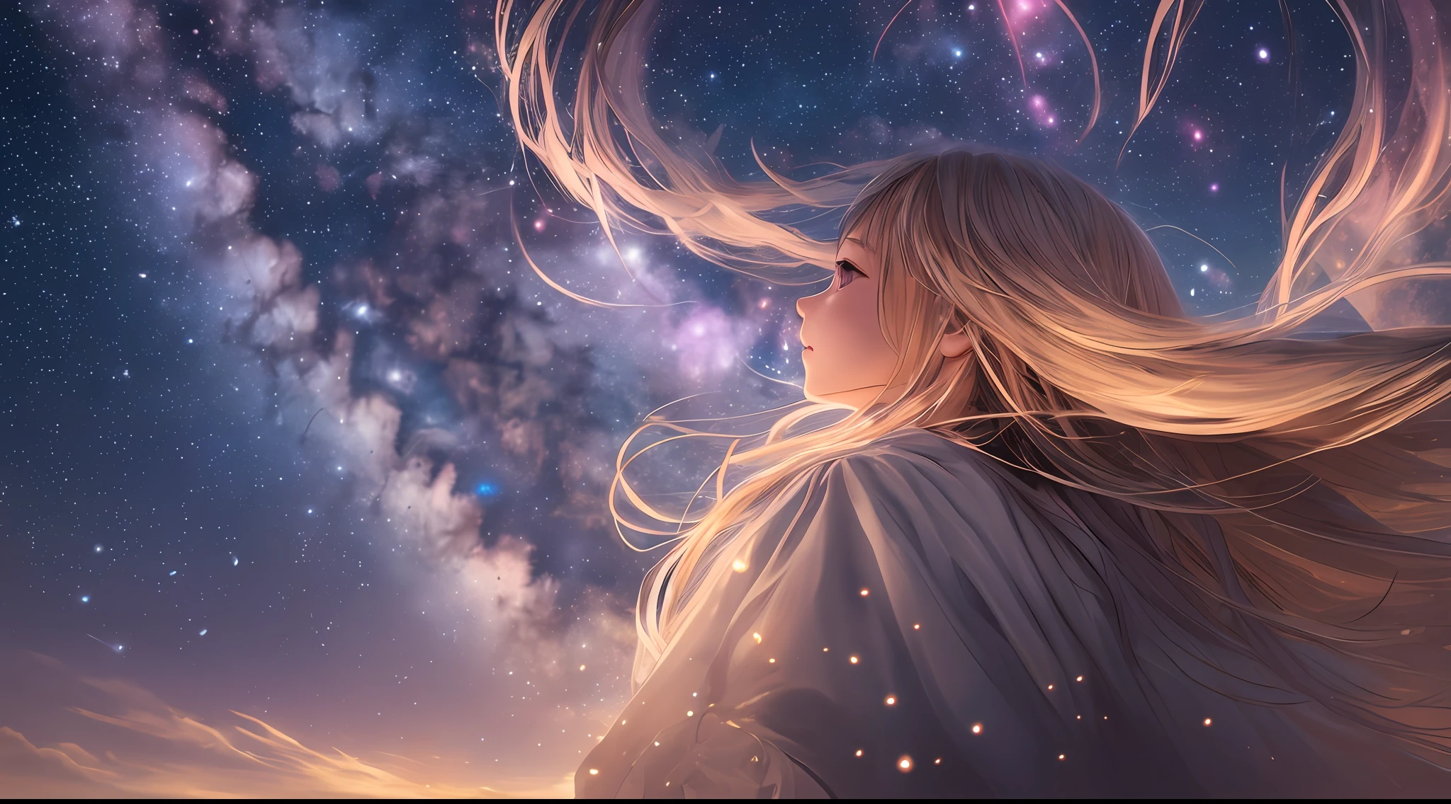 hightquality、Mystical、high detailing、Sparkling starry sky、Vast Land、Behind a little girl staring at the sky、Hair fluttering in the wind、Luminous CG Art 8K --auto --s2