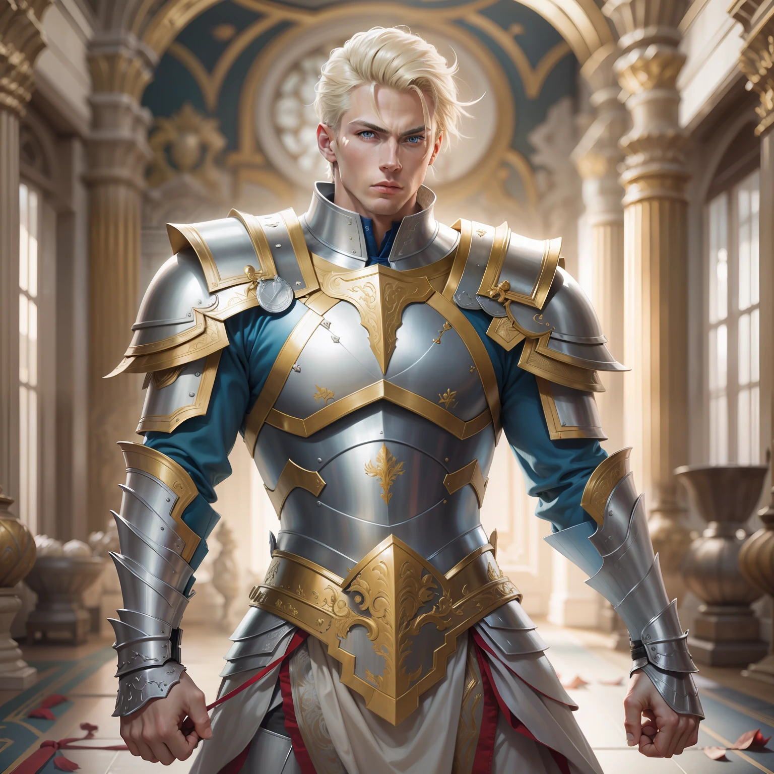 realistic image of a blond man with short hair, tall, strong, ultra-detailed blue eyes, evaluative expression, dressed in a suit of silver armor and golden shoulder pads, standing in a martial art fighting stance in a palace hall real