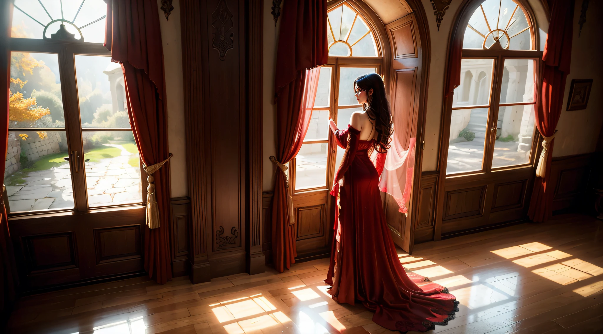 lush red drapes and arch windows interior ancient house of stone walls and light with beautiful sensual sexy woman