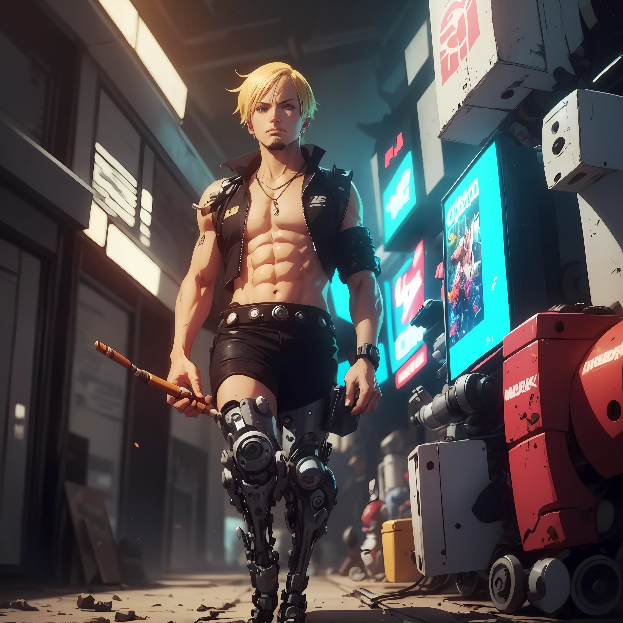 one piece, Sanji, homens, Kurukuru Sobrancelhas, cigarro, loiro, pernas longas, Tern, Wanostyle, (foto crua, 8k)),(Fotorealista: 1.3), (obra-prima), (melhor qualidade), ultra high def, (best illustration),((android, Cyberpunk, pernas mecanico, ciborgue, mechanical protesheses))
