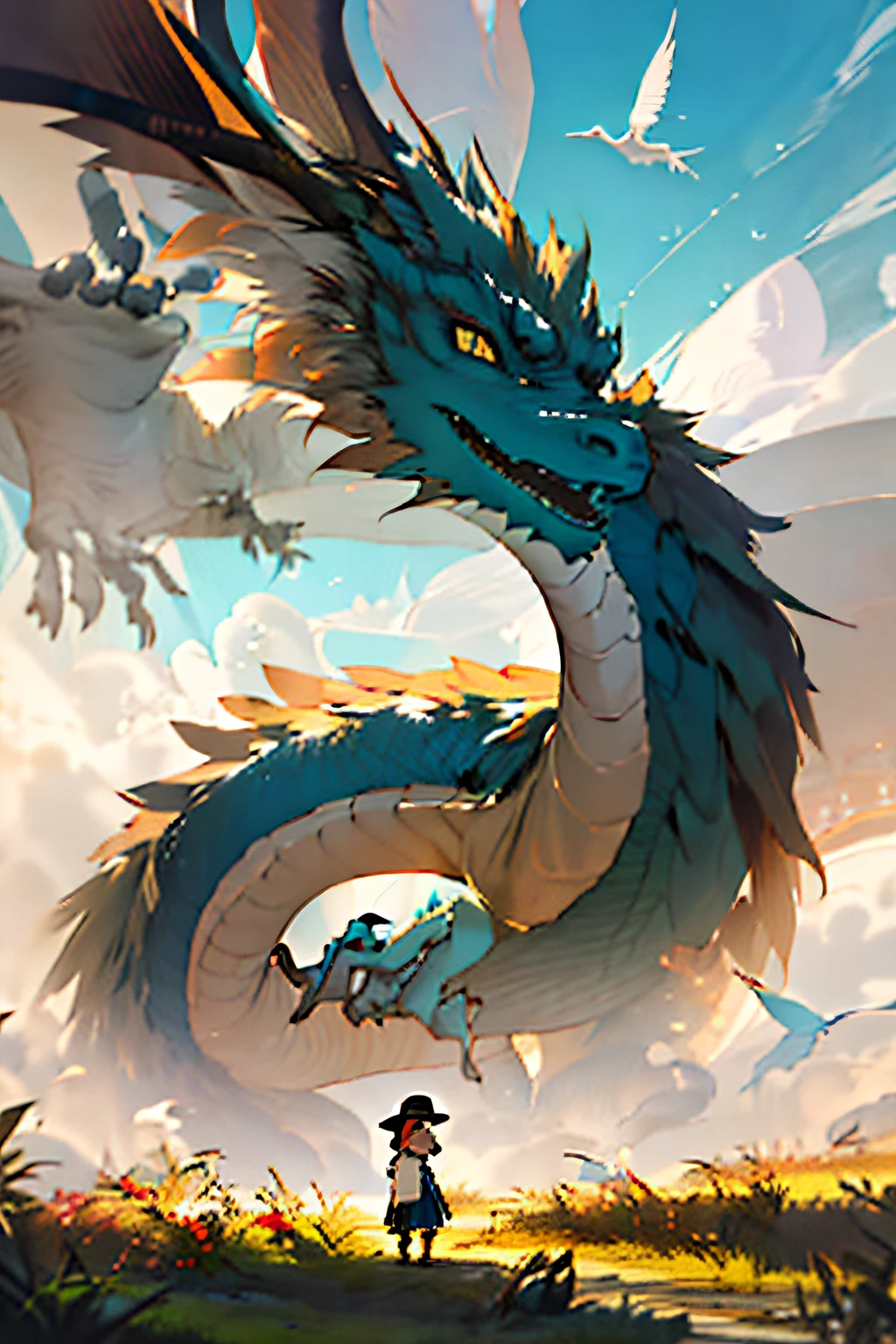 girl, letterboxed, holding, outdoors, bird, standing, cloud, 1boy, weapon, from behind, sky, cloudy sky, animal, holding weapon, eastern dragon, monster, 1other, hat, fog,