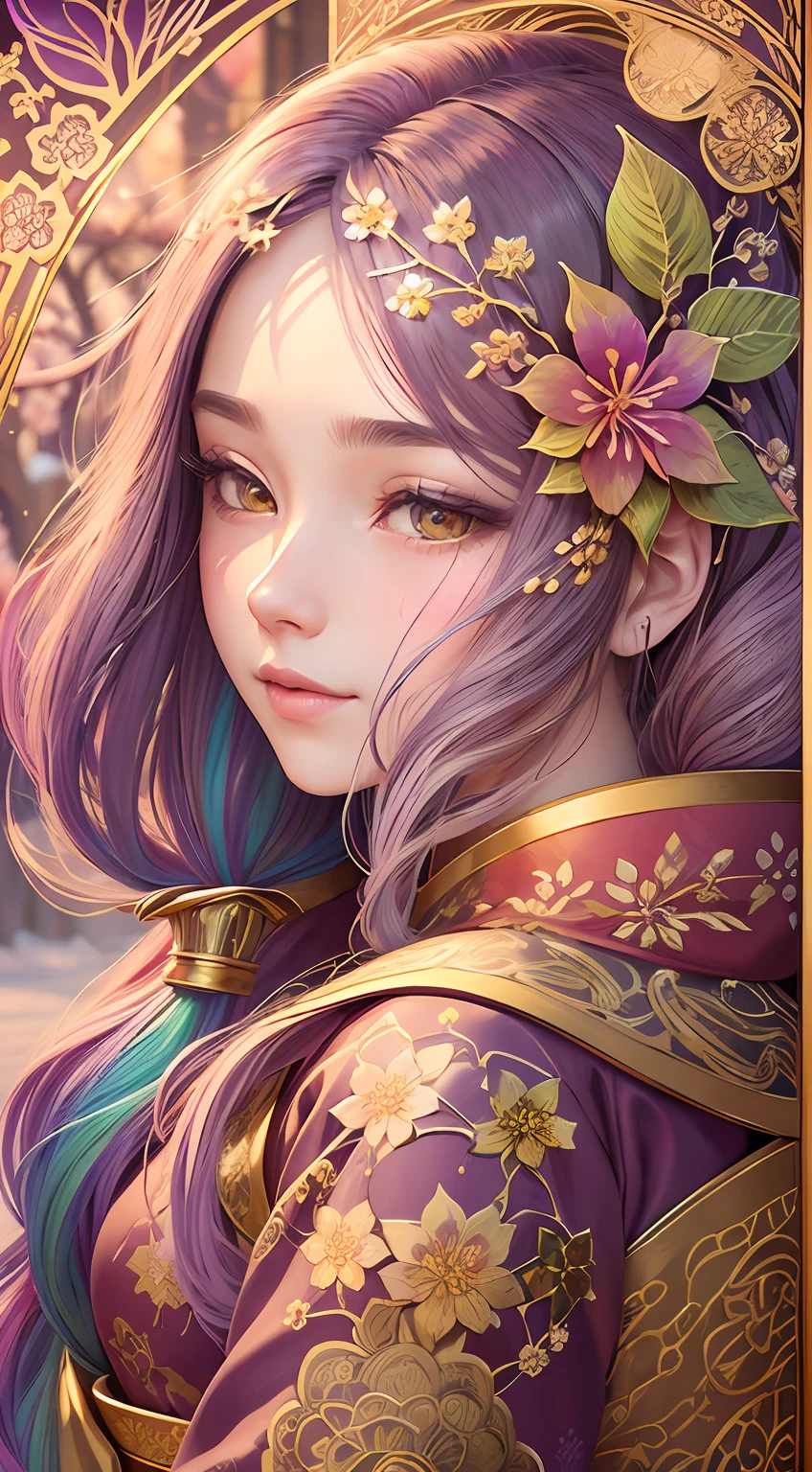 Gold engraving, zentangle,3D rendering of,with rainbow colored background, at winter season,(Beauty side face,Long colored hair:1.3),(Plum blossoms:1.2), Colorful, Best quality, Detailed details, Masterpiece, offcial art, Cinematic lighting effects, 4K,