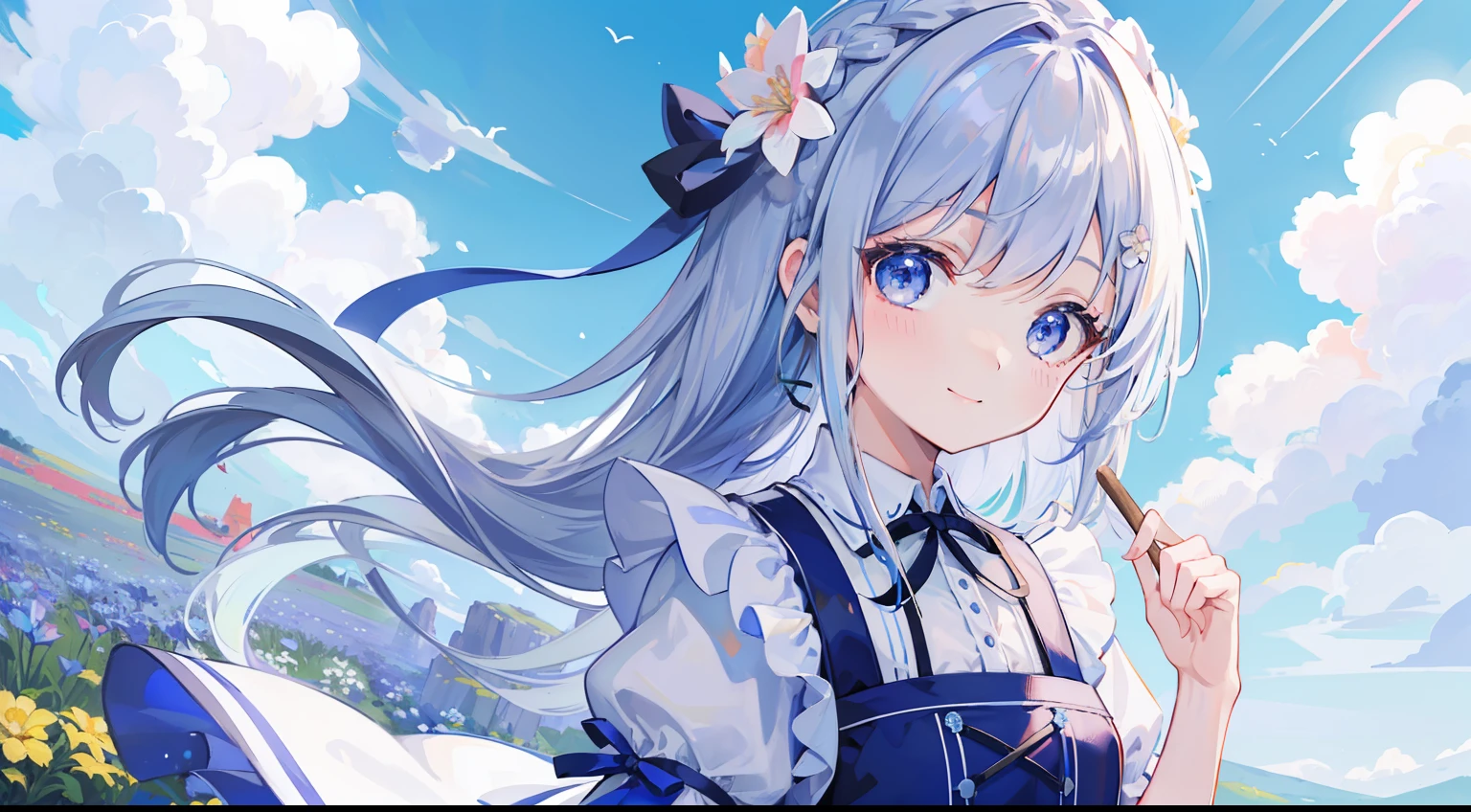 One girl、masterpiece、top-quality、Top image quality、cute little、silber hair、Long、French braids、Floral hair ornament、flowerfield background、Have an ax、Axe with ribbon、A slight smil、blue-sky、Beautiful sky、Apron Dresses、a smile