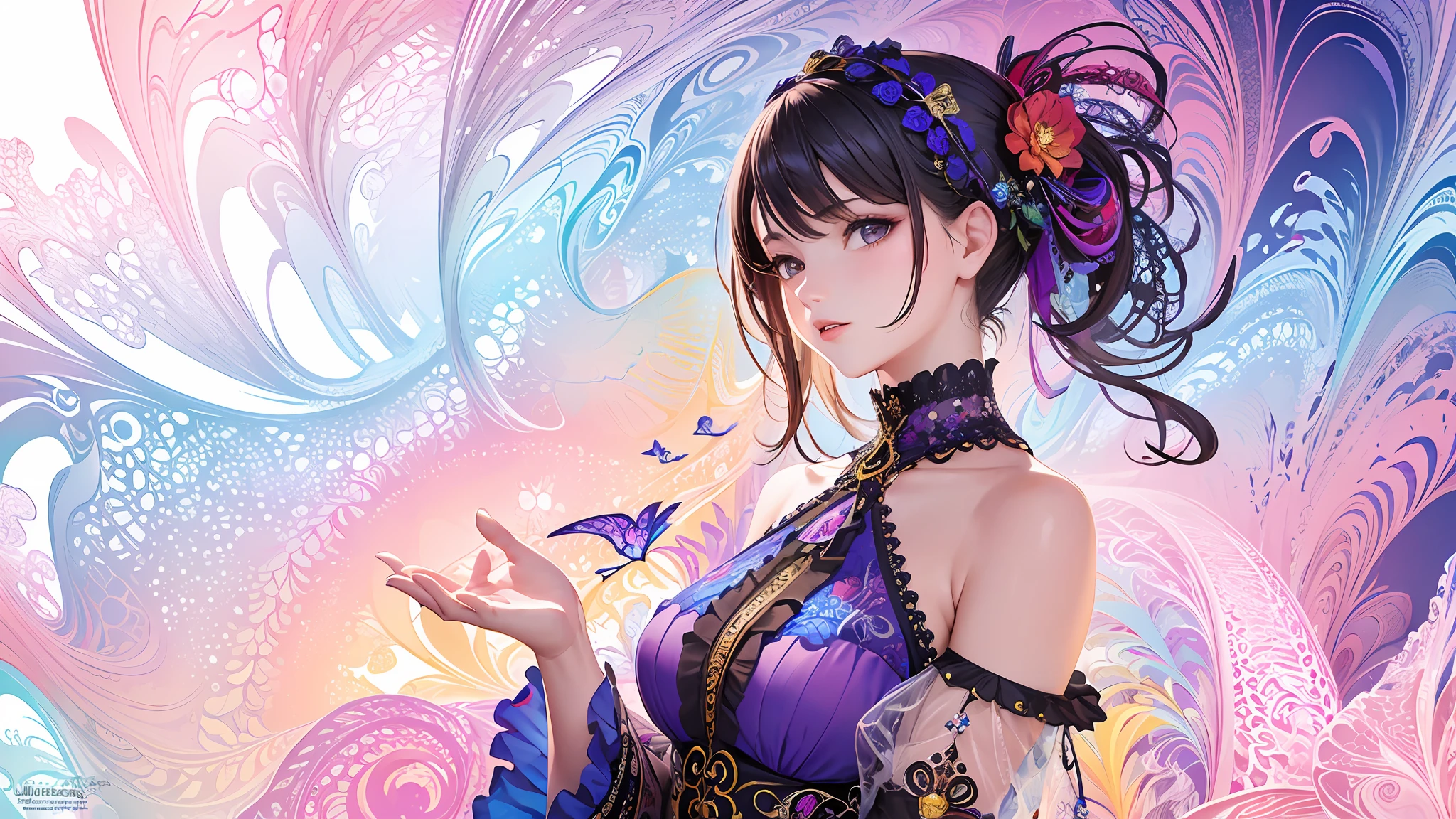 (masterpiece, top quality, best quality, official art, beautiful and aesthetic:1.2), (1girl), extreme detailed,(fractal art:1.3),colorful,highest detailed,upper body, [lace],[jewelry],[flower],[[butterfly]],