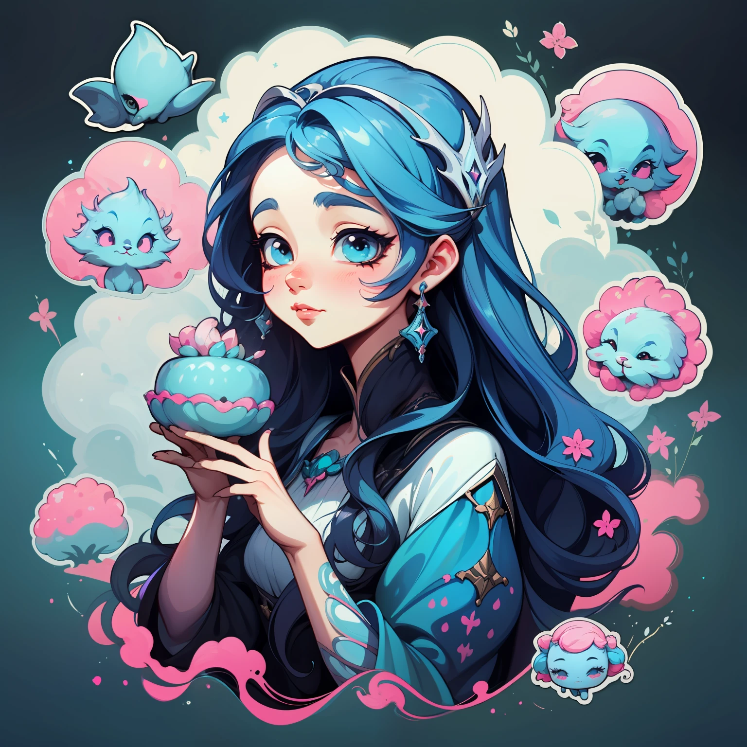 adesivo,1girl, fundo simples, retrato, girl with long hair, beautiful princess, princess aesthetic, beautiful princess, very beautiful fantasy art, beautiful and elegant female princess, beautiful detailed fantasy, blue and pink color palate, pink color-theme