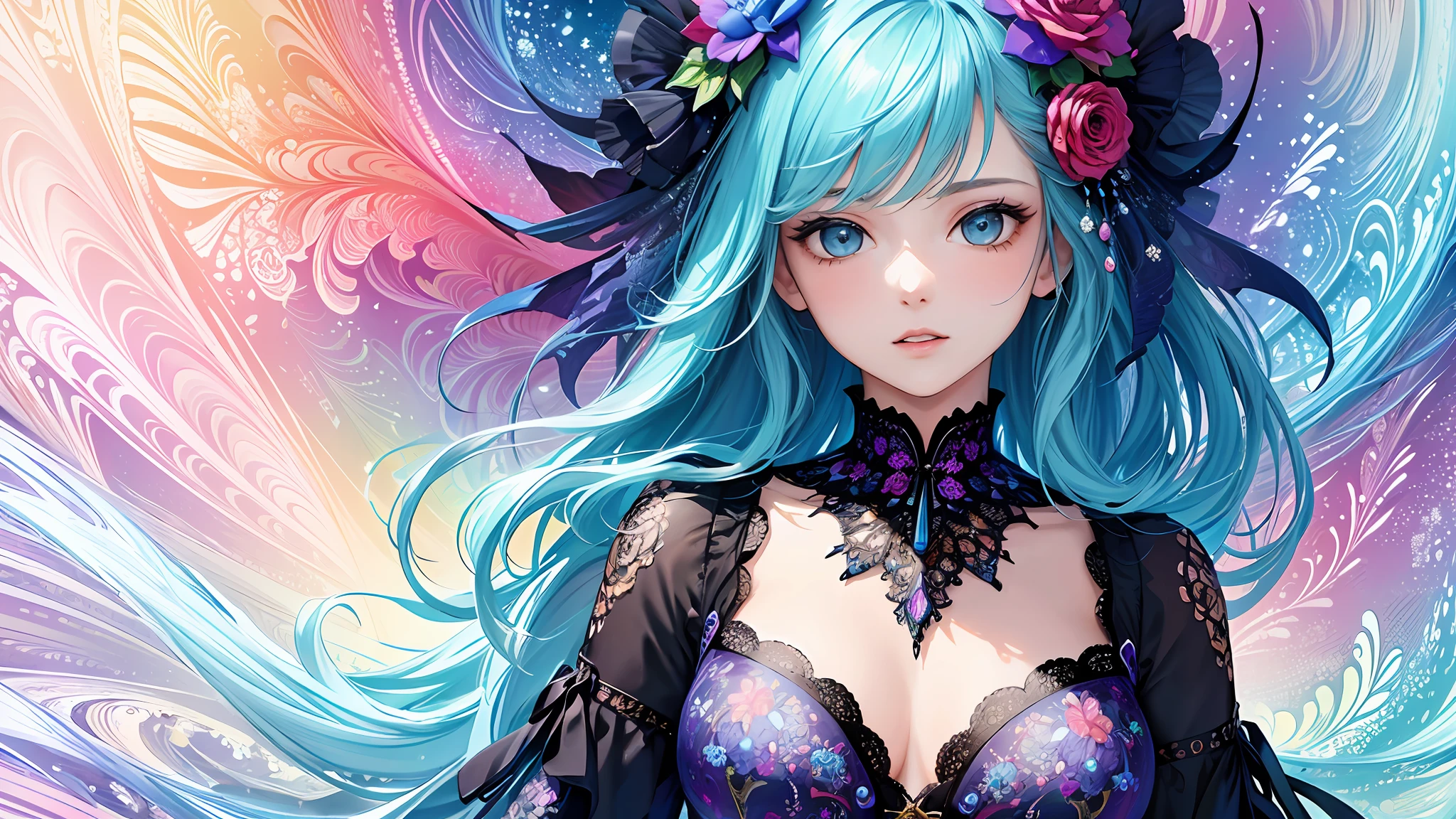 (masterpiece, top quality, best quality, official art, beautiful and aesthetic:1.2), (1girl), extreme detailed,(fractal art:1.3),colorful,highest detailed,upper body, [lace],[jewelry],[flower],[[butterfly]],