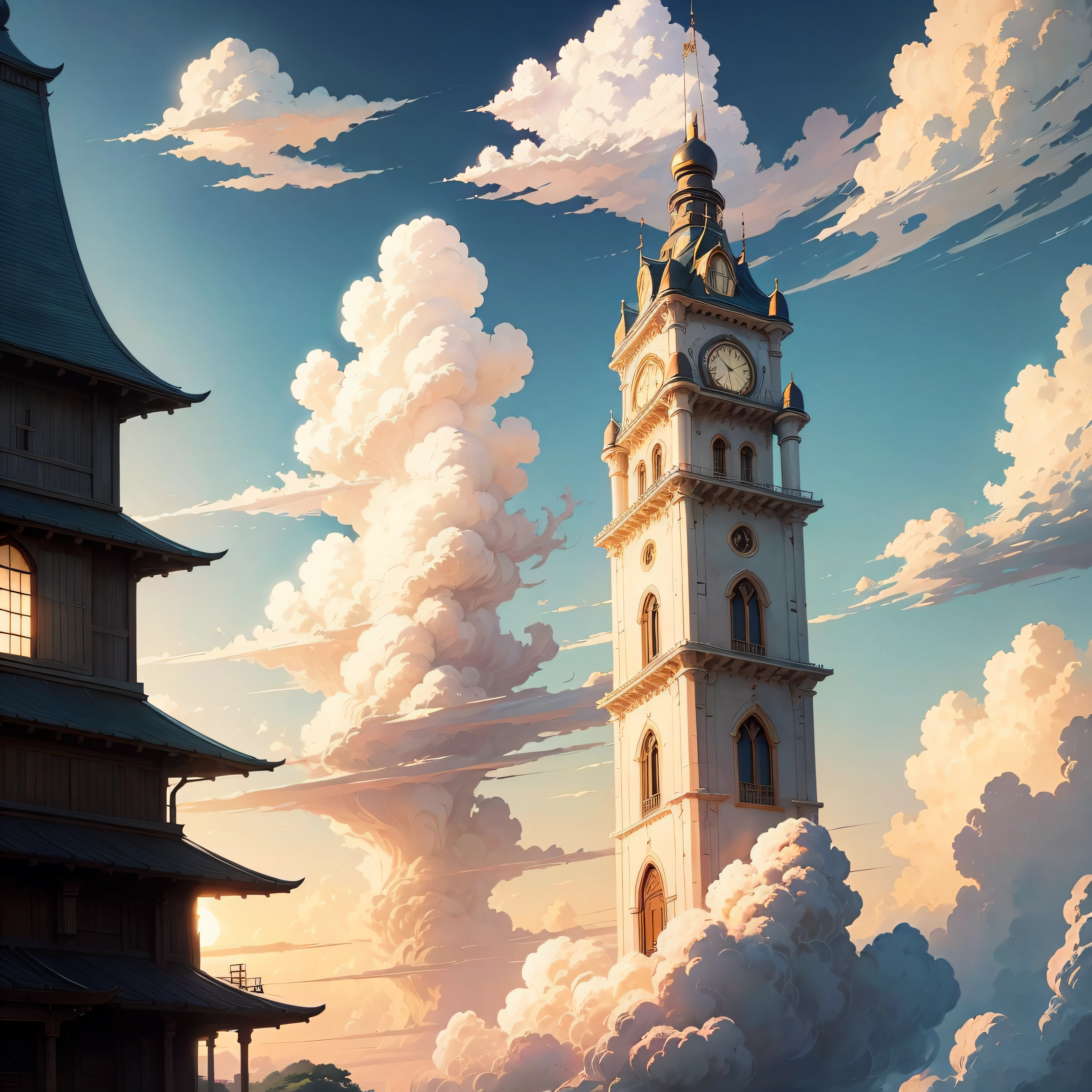 animesque、Skyscape with clouds、You can see the touch of the cloud brush、Studio Ghibli、Ghibli、Scenery、Style、Golden Time --auto